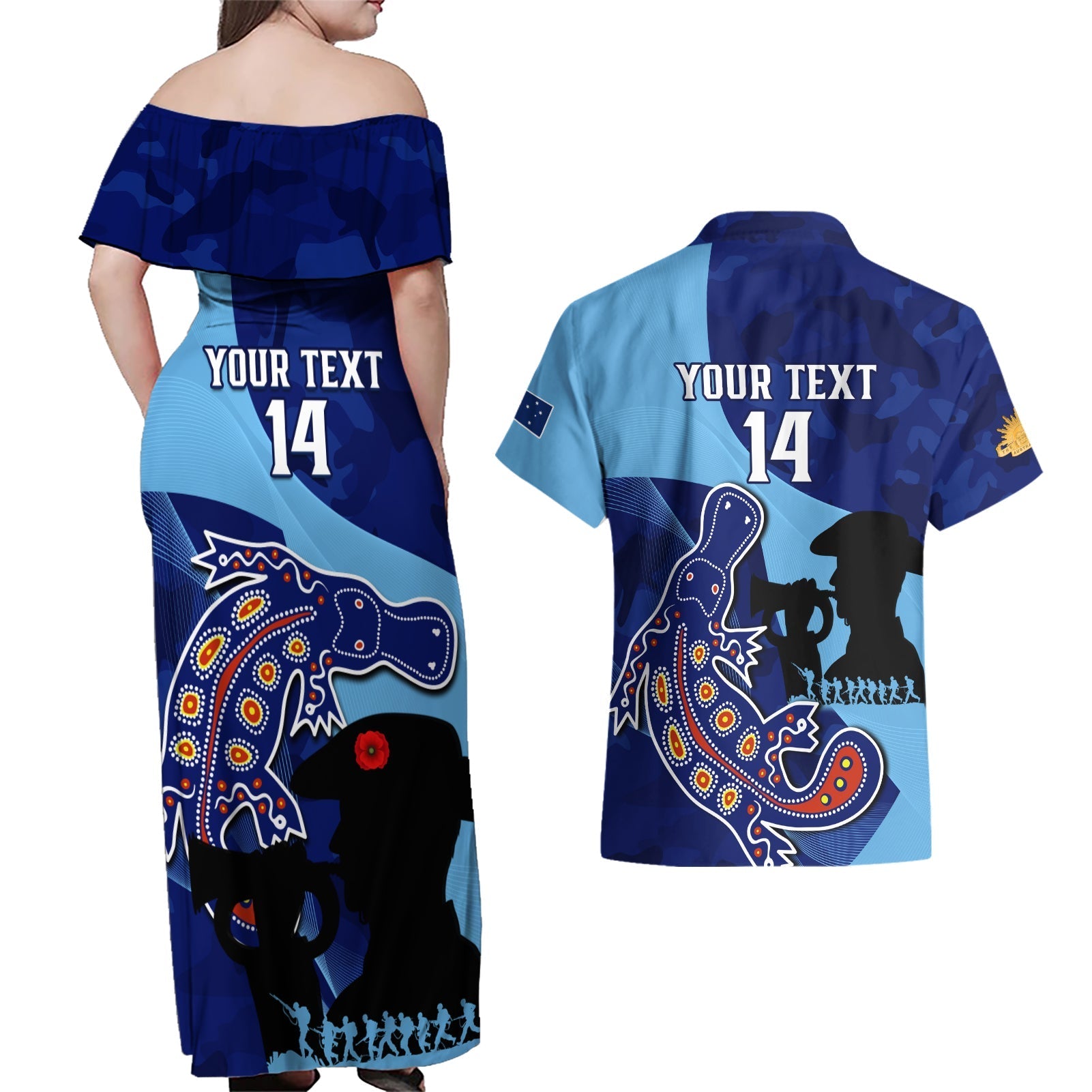 Custom NSW Blues ANZAC Day Couples Matching Off Shoulder Maxi Dress and Hawaiian Shirt Australian Platypus Mix Camouflage