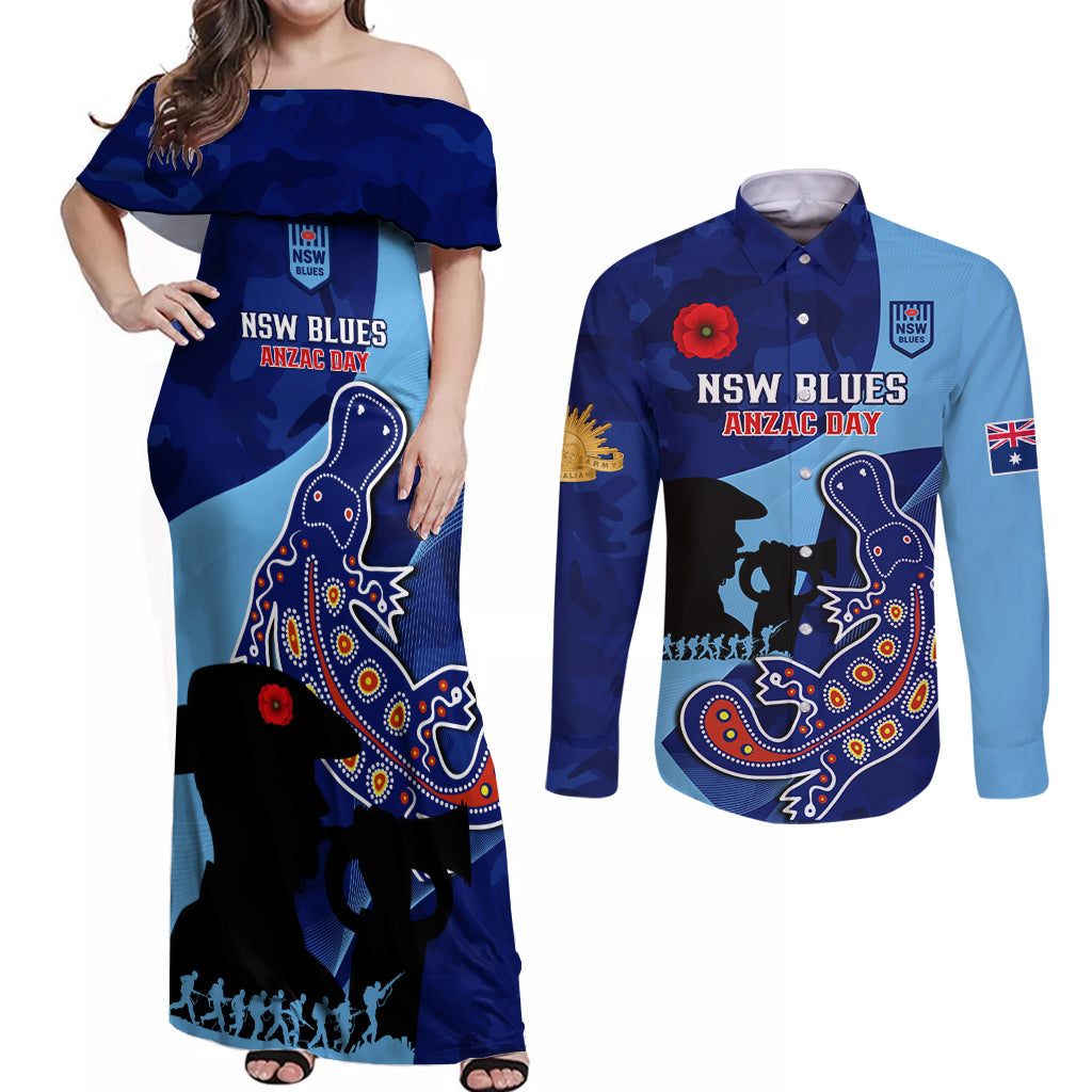 Custom NSW Blues ANZAC Day Couples Matching Off Shoulder Maxi Dress and Long Sleeve Button Shirt Australian Platypus Mix Camouflage