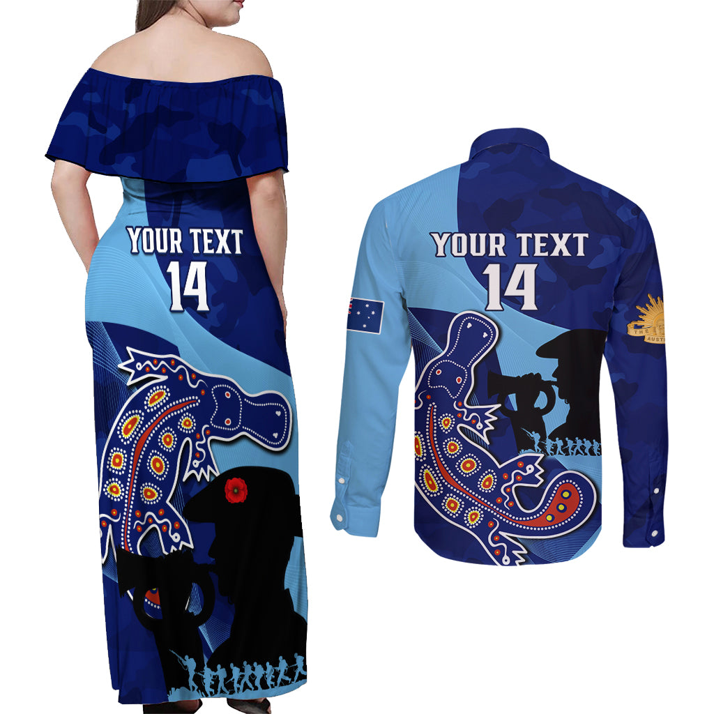 Custom NSW Blues ANZAC Day Couples Matching Off Shoulder Maxi Dress and Long Sleeve Button Shirt Australian Platypus Mix Camouflage