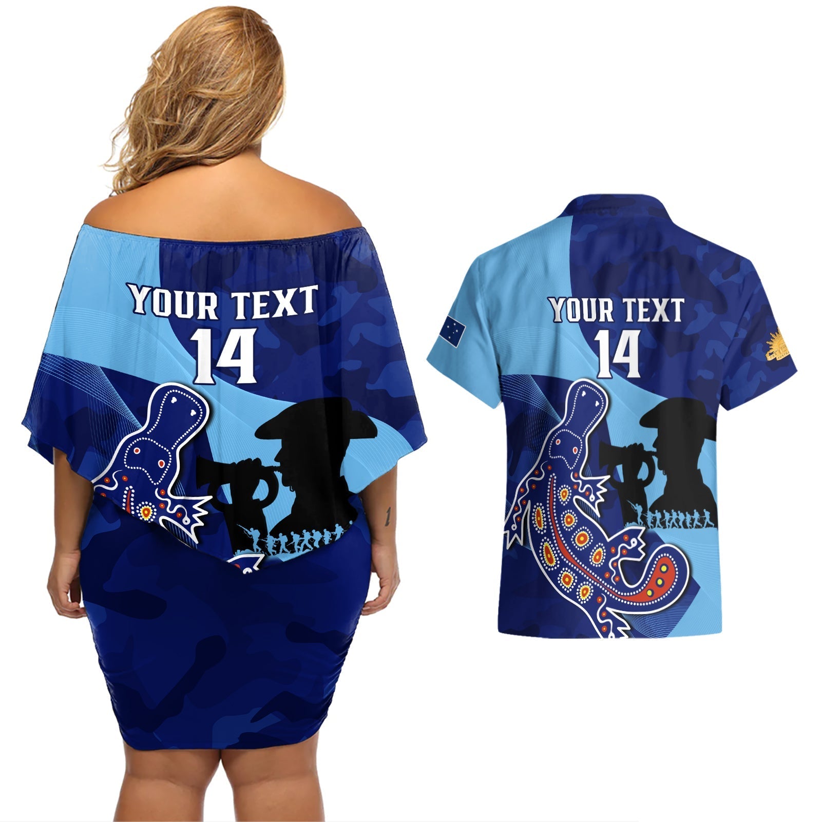 Custom NSW Blues ANZAC Day Couples Matching Off Shoulder Short Dress and Hawaiian Shirt Australian Platypus Mix Camouflage