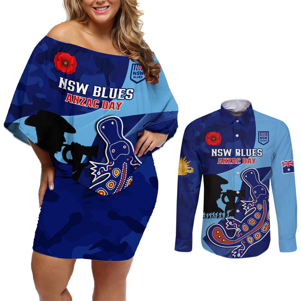 Custom NSW Blues ANZAC Day Couples Matching Off Shoulder Short Dress and Long Sleeve Button Shirt Australian Platypus Mix Camouflage