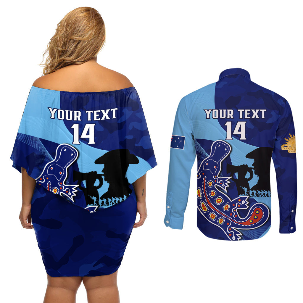 Custom NSW Blues ANZAC Day Couples Matching Off Shoulder Short Dress and Long Sleeve Button Shirt Australian Platypus Mix Camouflage