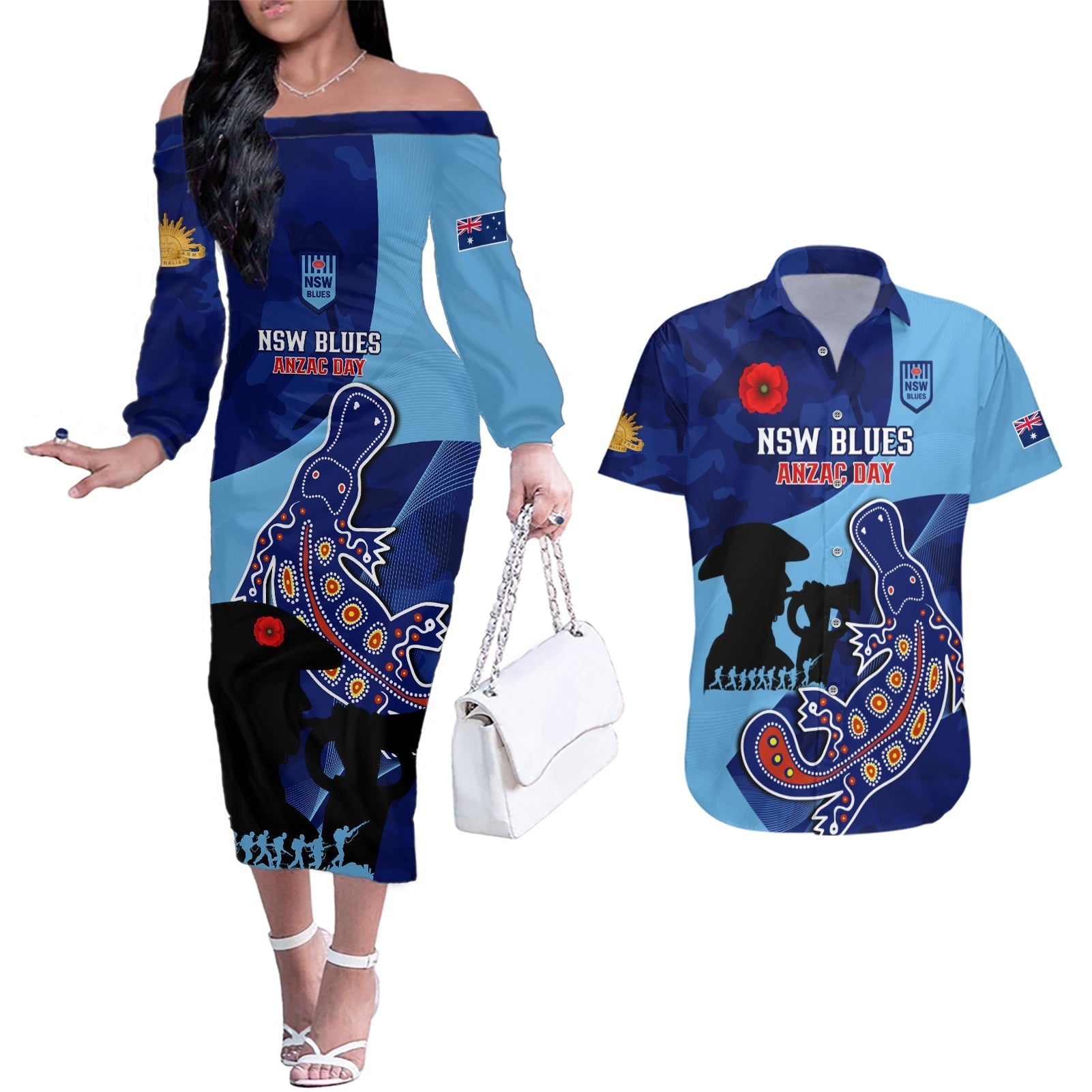 Custom NSW Blues ANZAC Day Couples Matching Off The Shoulder Long Sleeve Dress and Hawaiian Shirt Australian Platypus Mix Camouflage