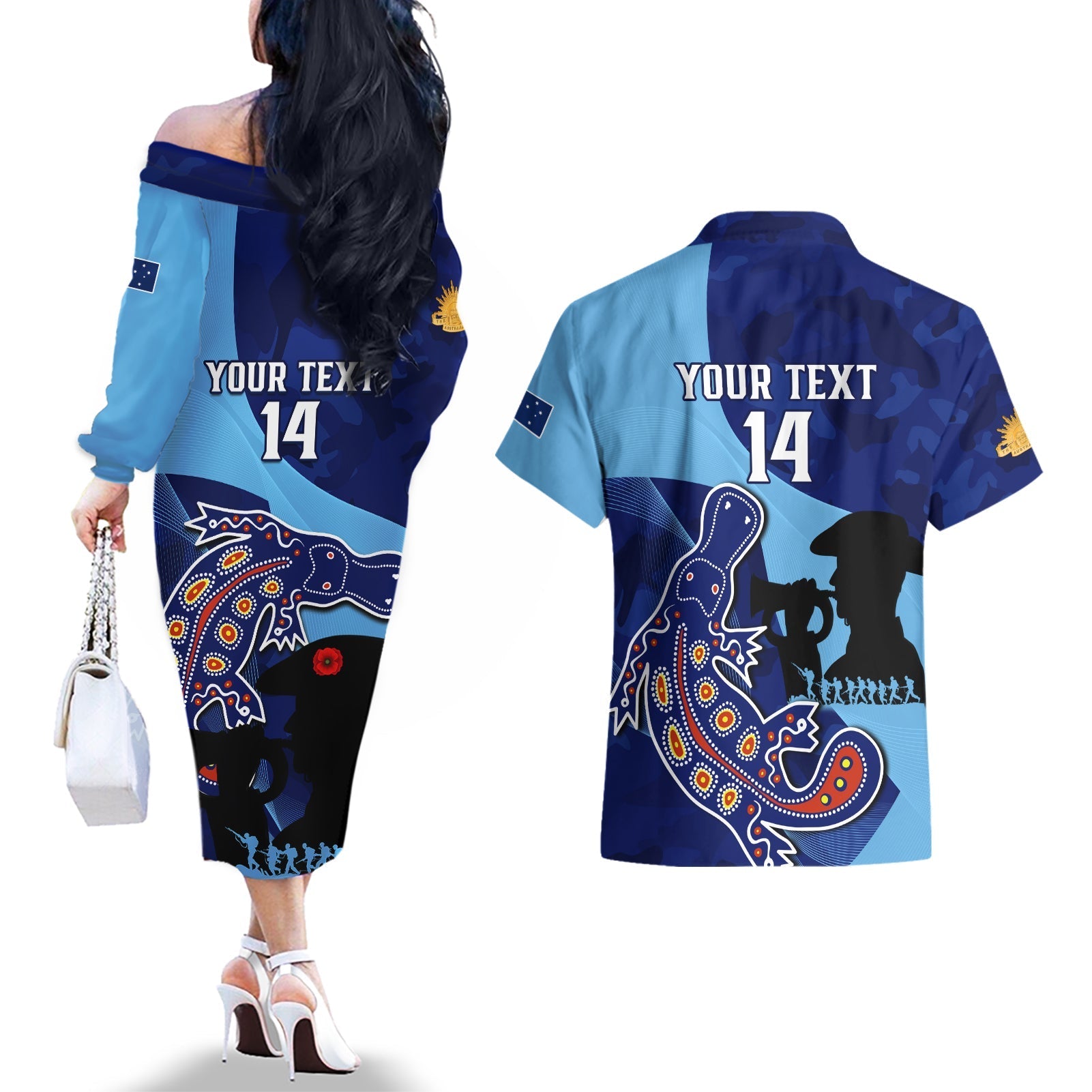 Custom NSW Blues ANZAC Day Couples Matching Off The Shoulder Long Sleeve Dress and Hawaiian Shirt Australian Platypus Mix Camouflage