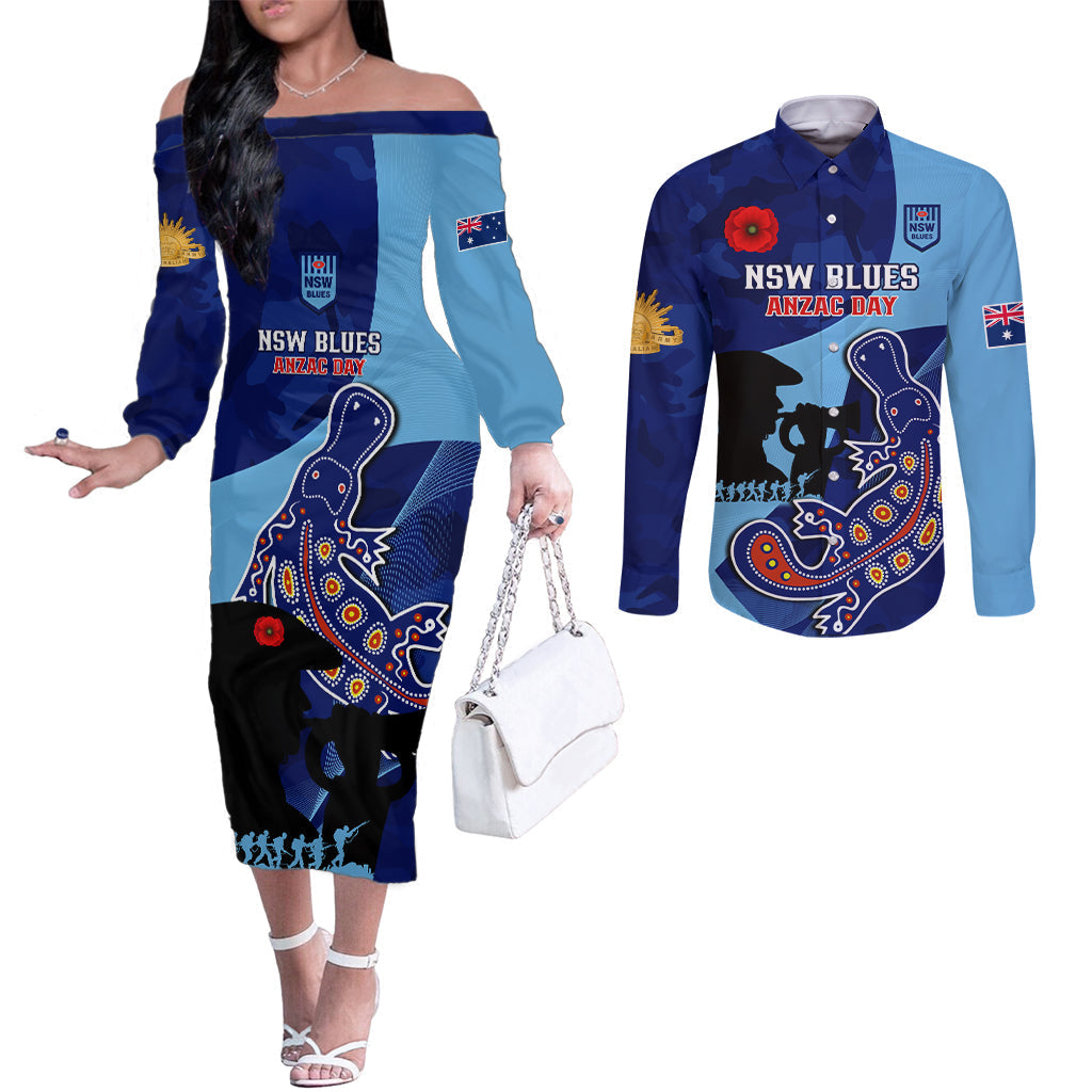 Custom NSW Blues ANZAC Day Couples Matching Off The Shoulder Long Sleeve Dress and Long Sleeve Button Shirt Australian Platypus Mix Camouflage