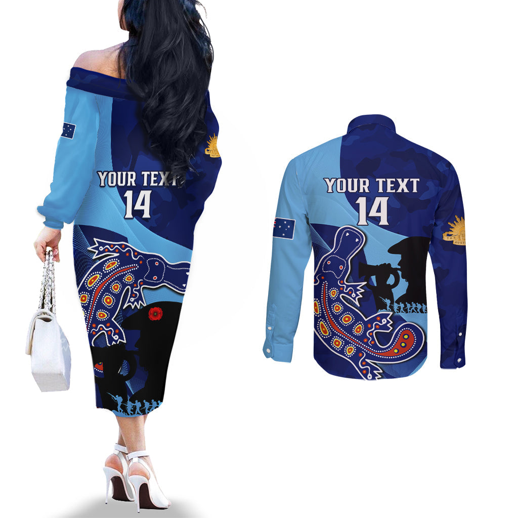 Custom NSW Blues ANZAC Day Couples Matching Off The Shoulder Long Sleeve Dress and Long Sleeve Button Shirt Australian Platypus Mix Camouflage