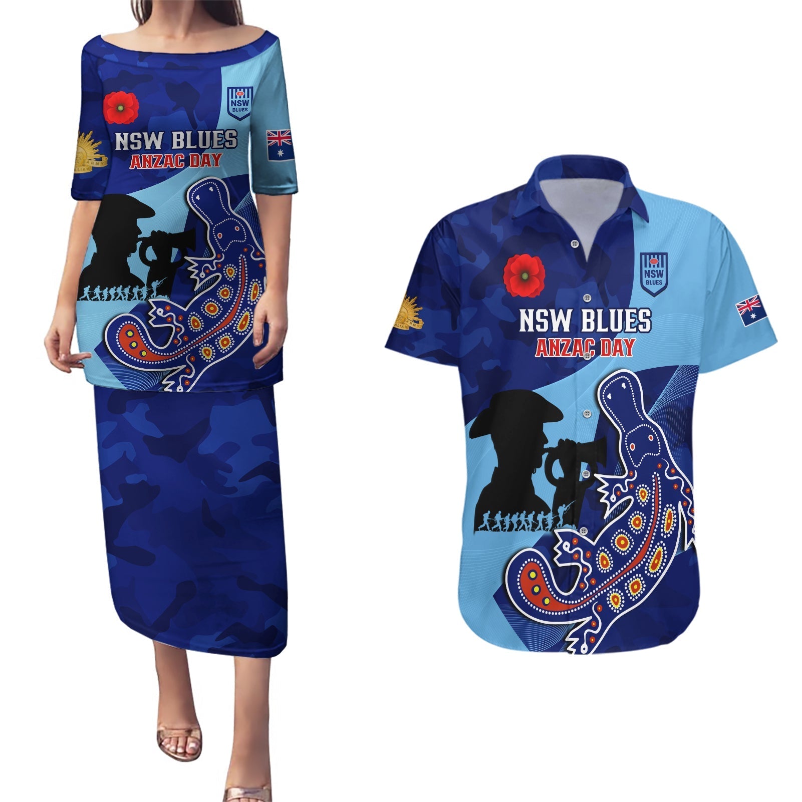 Custom NSW Blues ANZAC Day Couples Matching Puletasi and Hawaiian Shirt Australian Platypus Mix Camouflage