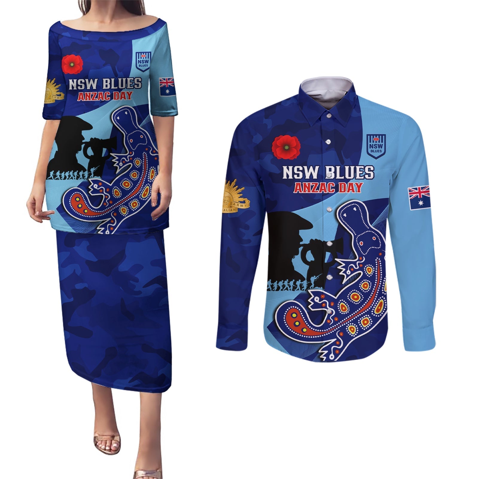 Custom NSW Blues ANZAC Day Couples Matching Puletasi and Long Sleeve Button Shirt Australian Platypus Mix Camouflage
