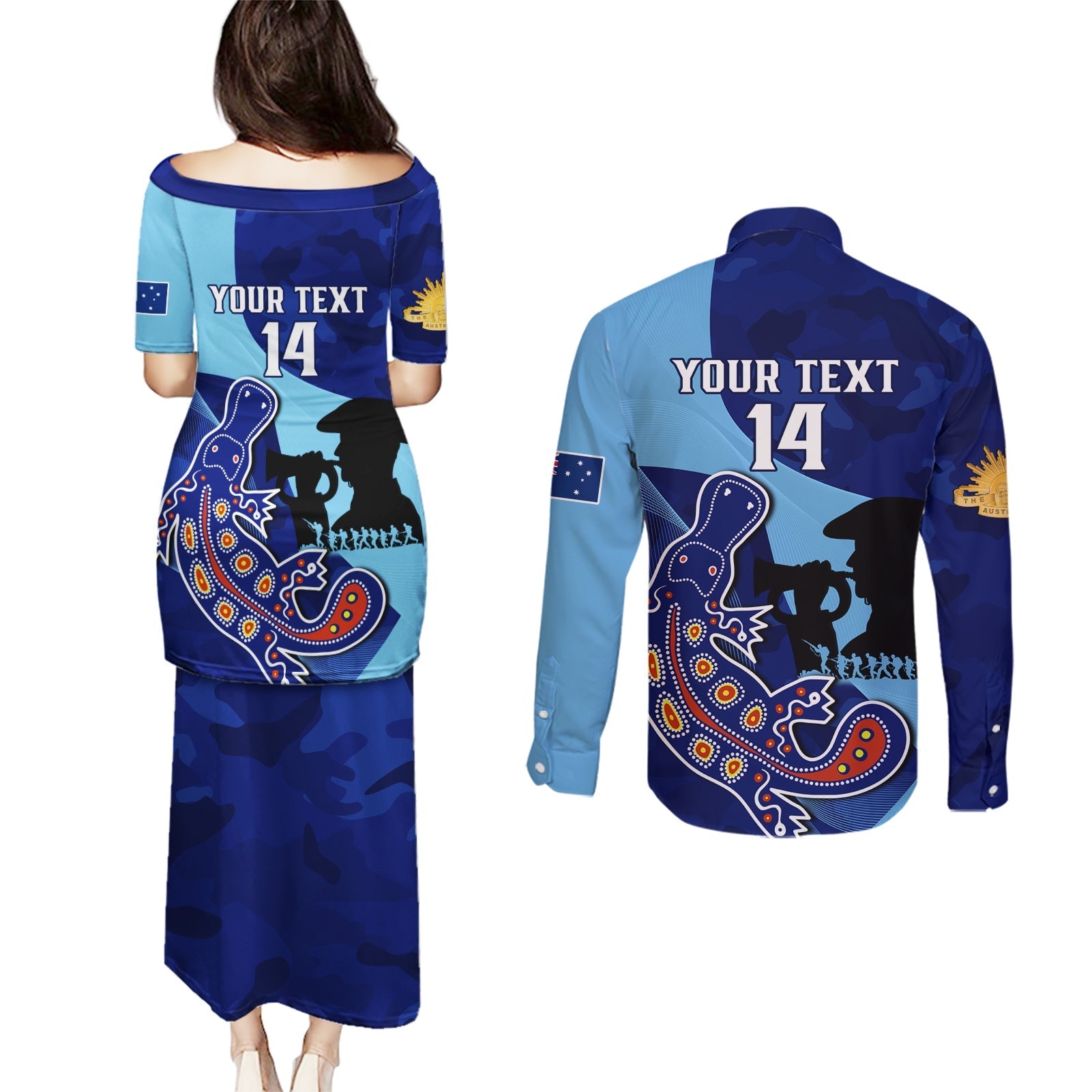 Custom NSW Blues ANZAC Day Couples Matching Puletasi and Long Sleeve Button Shirt Australian Platypus Mix Camouflage