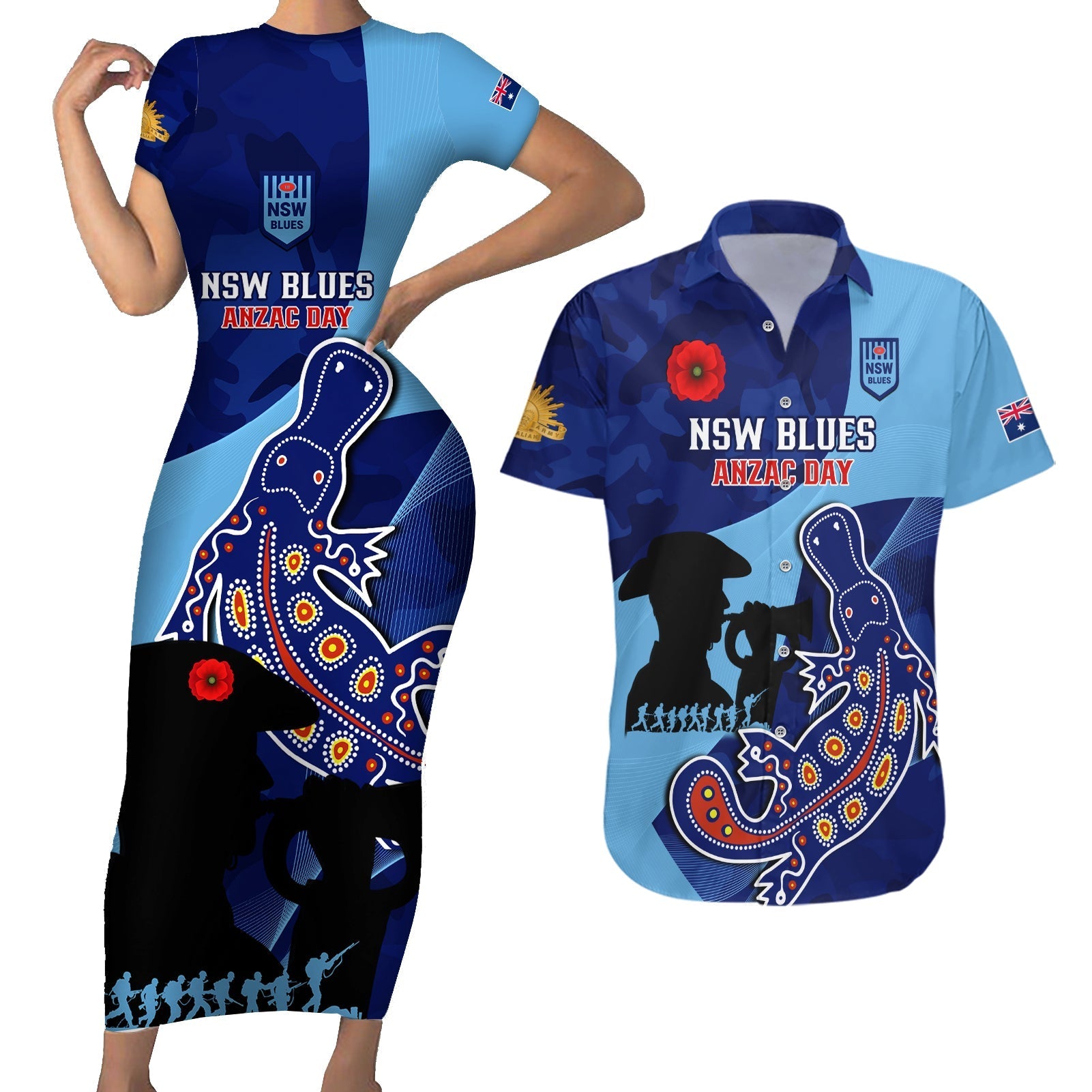 Custom NSW Blues ANZAC Day Couples Matching Short Sleeve Bodycon Dress and Hawaiian Shirt Australian Platypus Mix Camouflage