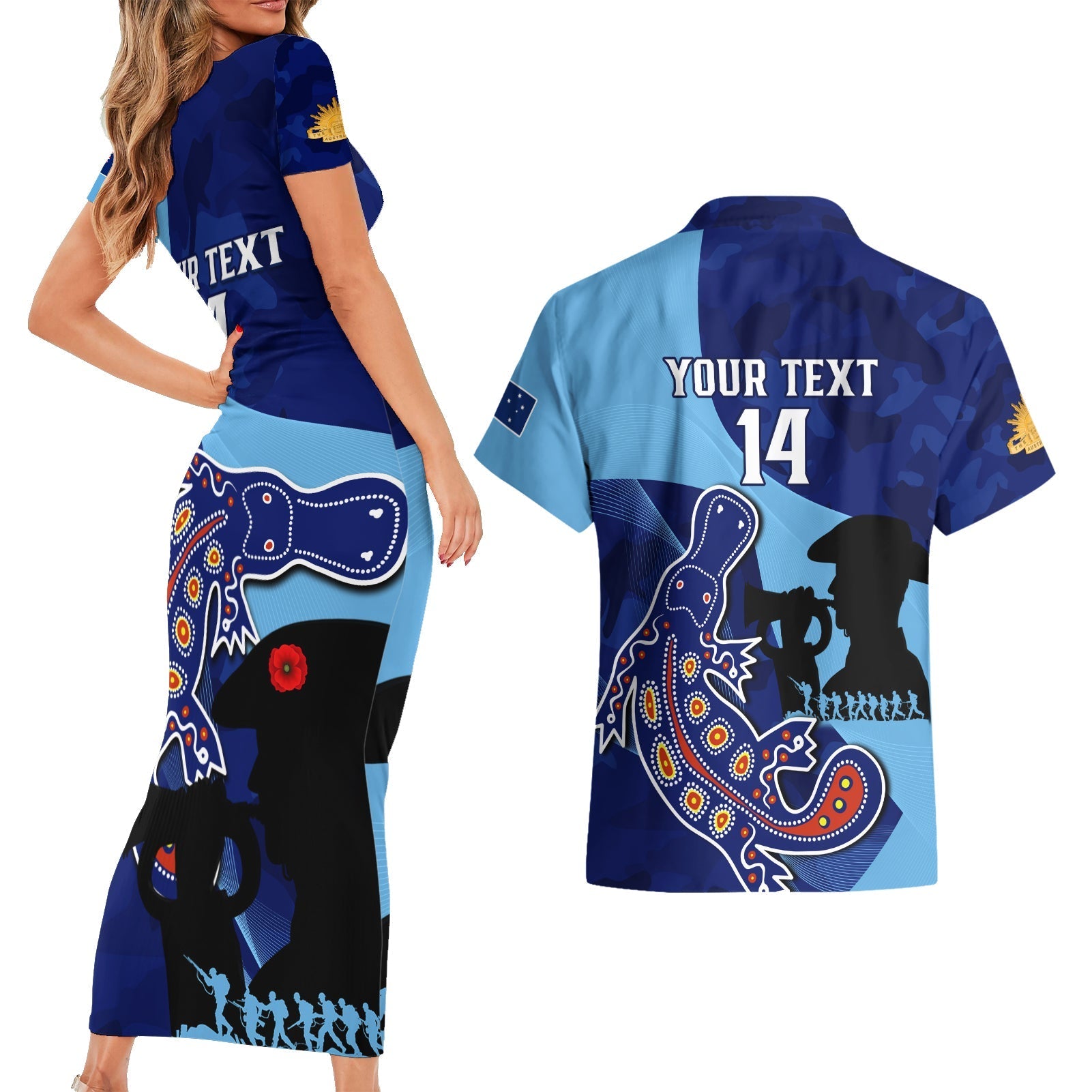 Custom NSW Blues ANZAC Day Couples Matching Short Sleeve Bodycon Dress and Hawaiian Shirt Australian Platypus Mix Camouflage