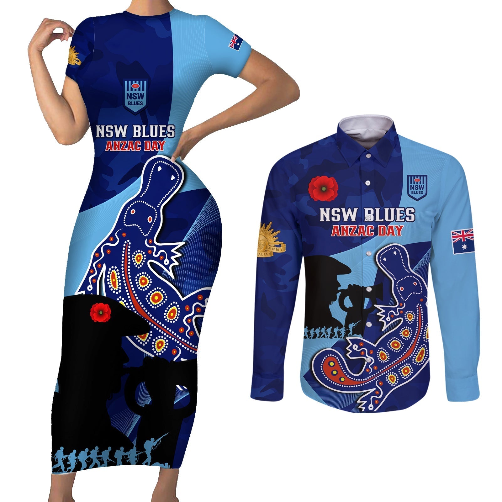 Custom NSW Blues ANZAC Day Couples Matching Short Sleeve Bodycon Dress and Long Sleeve Button Shirt Australian Platypus Mix Camouflage