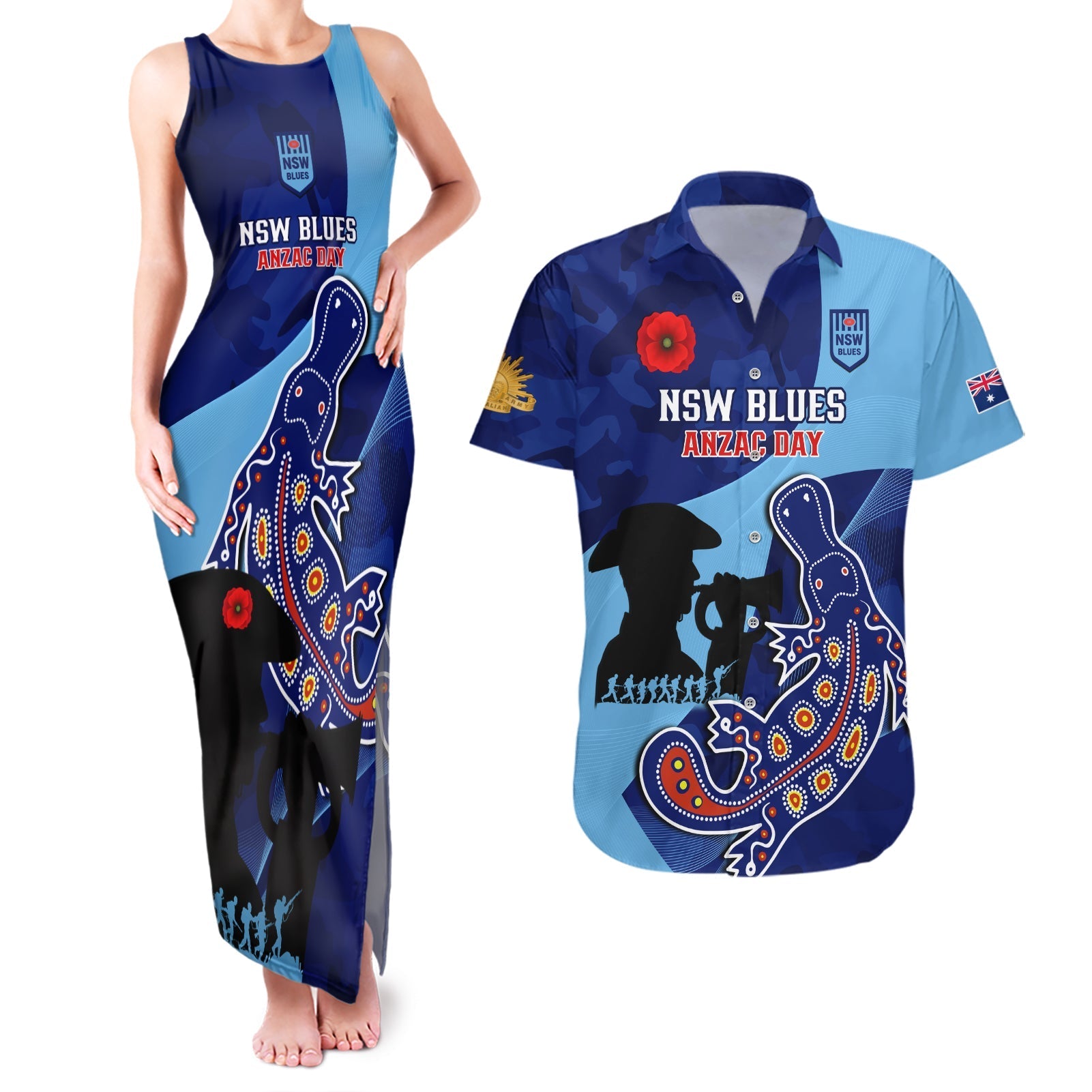 Custom NSW Blues ANZAC Day Couples Matching Tank Maxi Dress and Hawaiian Shirt Australian Platypus Mix Camouflage