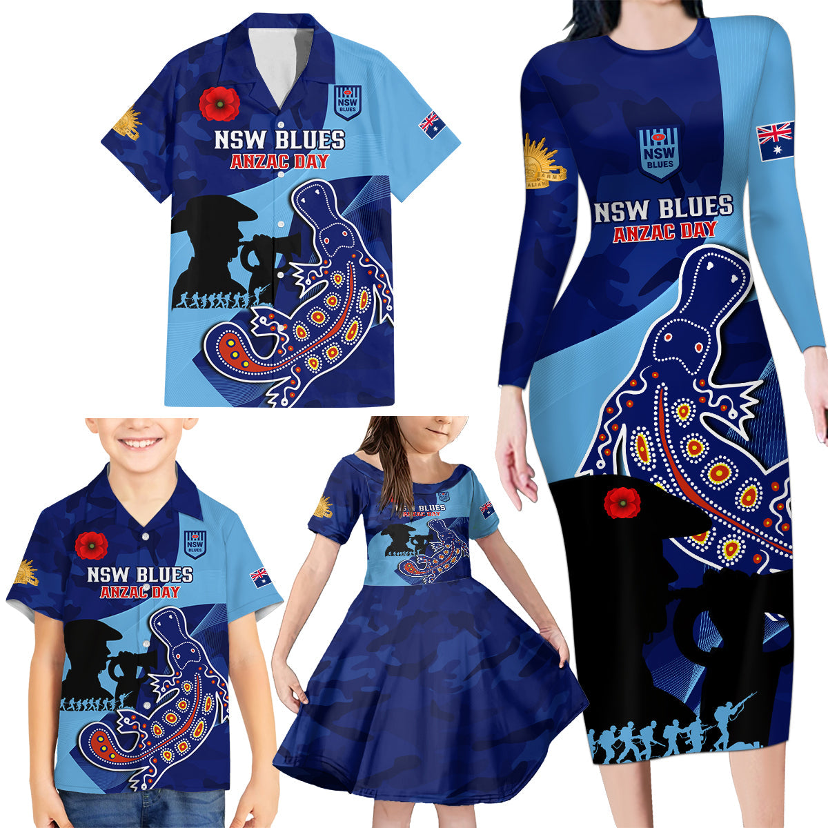 Custom NSW Blues ANZAC Day Family Matching Long Sleeve Bodycon Dress and Hawaiian Shirt Australian Platypus Mix Camouflage