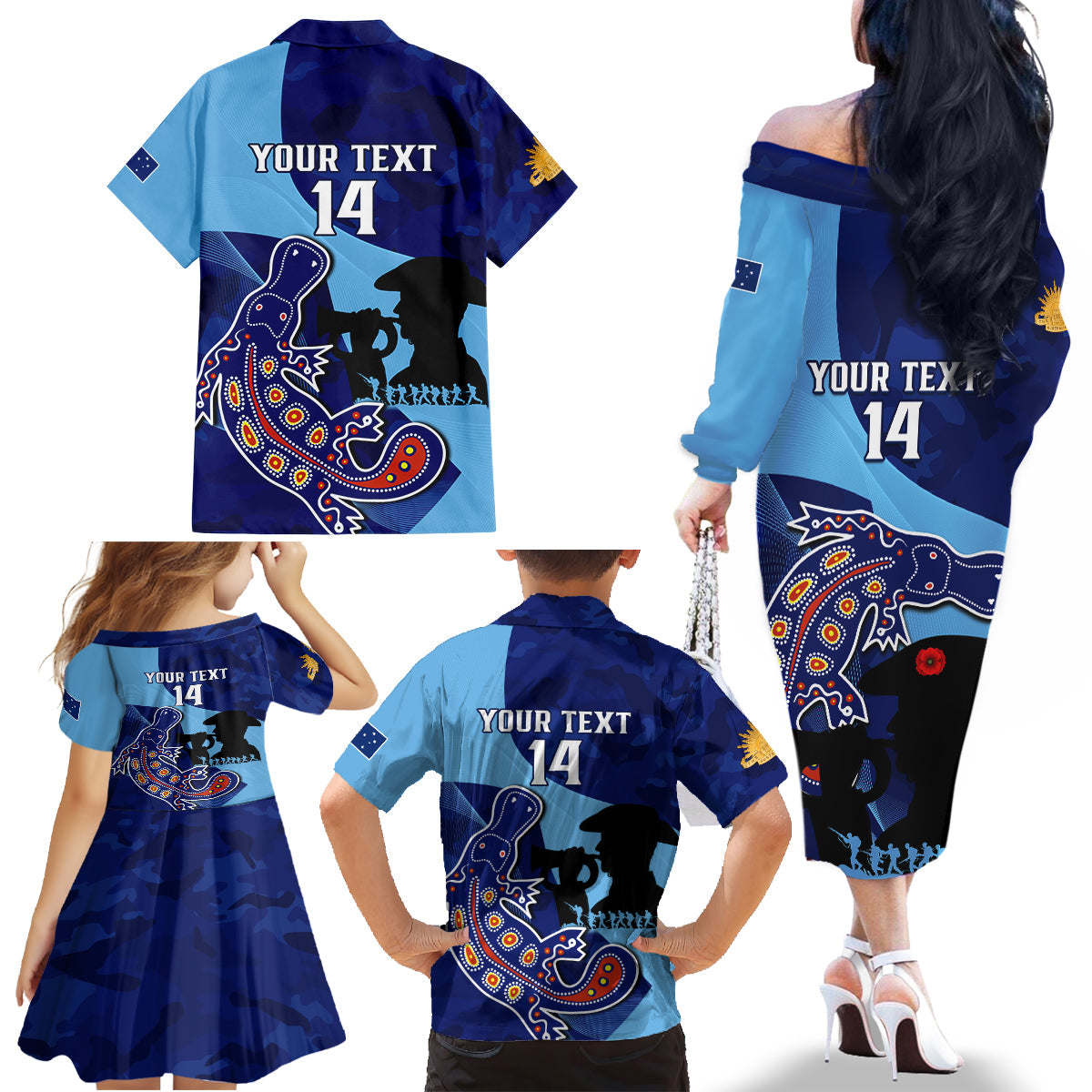 Custom NSW Blues ANZAC Day Family Matching Off Shoulder Long Sleeve Dress and Hawaiian Shirt Australian Platypus Mix Camouflage