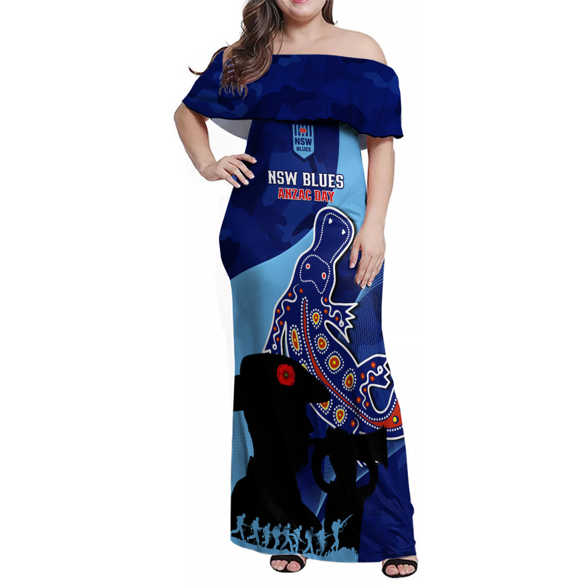 Custom NSW Blues ANZAC Day Family Matching Off Shoulder Maxi Dress and Hawaiian Shirt Australian Platypus Mix Camouflage