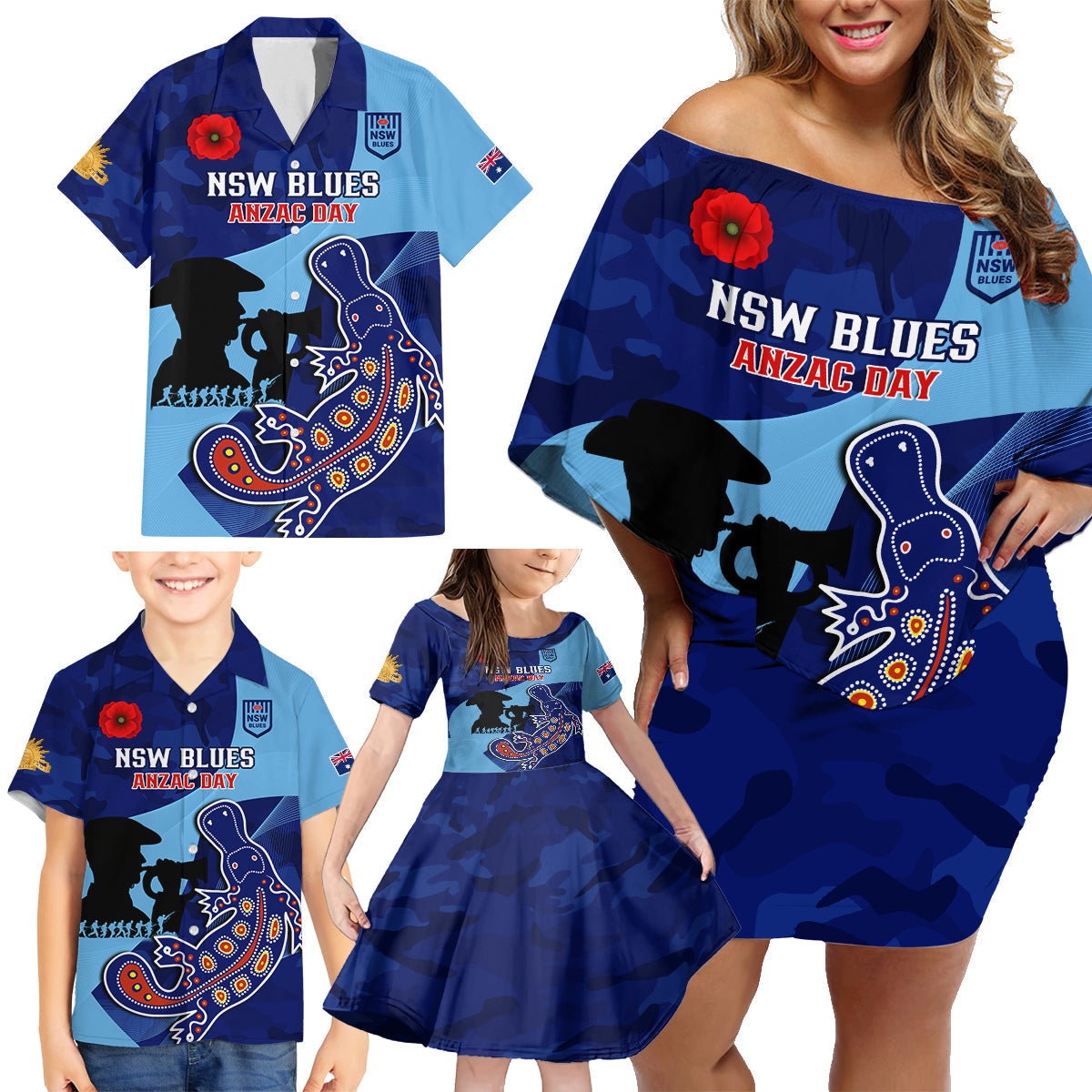 Custom NSW Blues ANZAC Day Family Matching Off Shoulder Short Dress and Hawaiian Shirt Australian Platypus Mix Camouflage