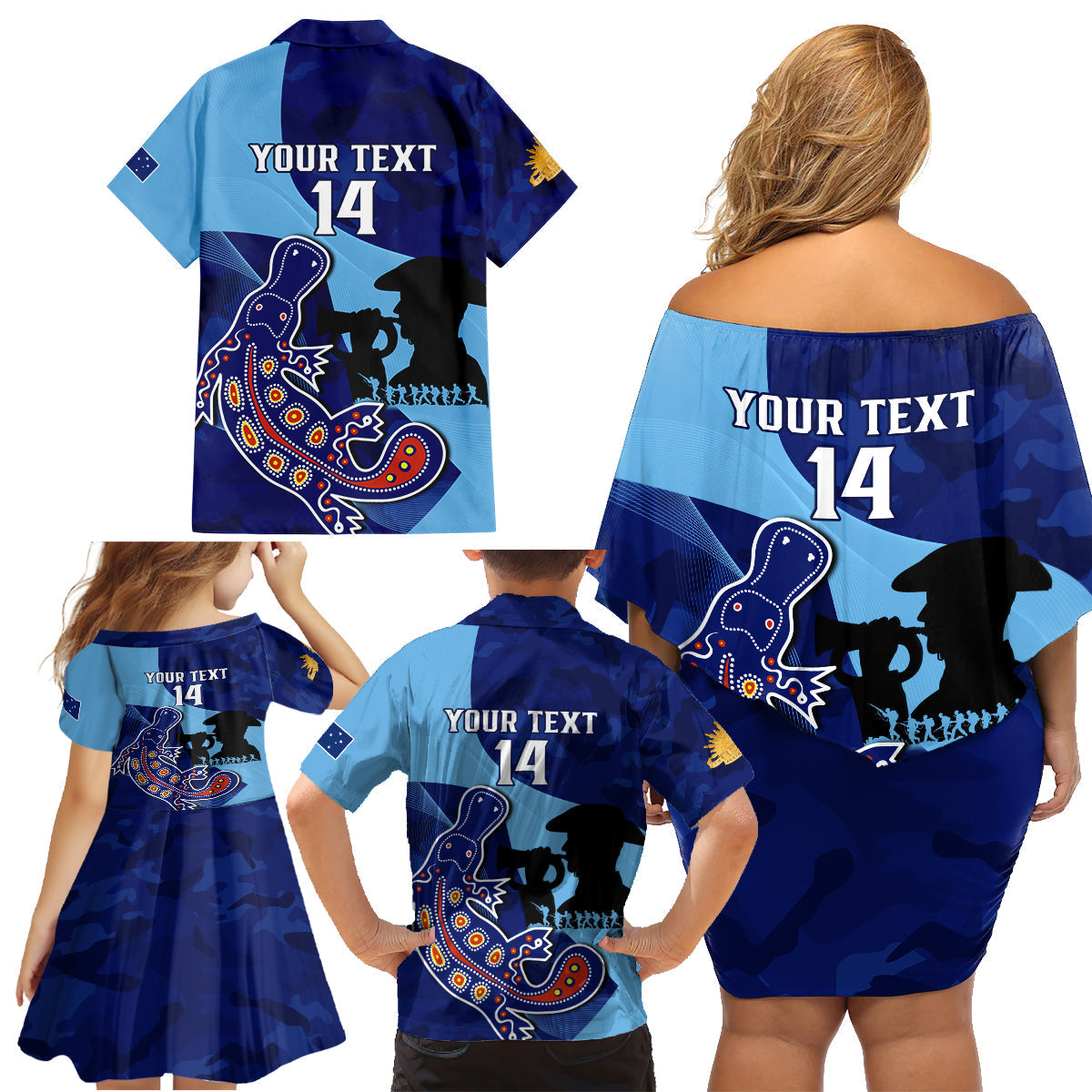 Custom NSW Blues ANZAC Day Family Matching Off Shoulder Short Dress and Hawaiian Shirt Australian Platypus Mix Camouflage