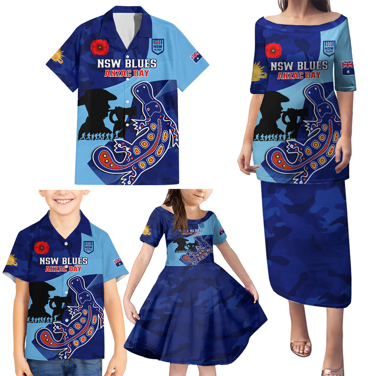 Custom NSW Blues ANZAC Day Family Matching Puletasi and Hawaiian Shirt Australian Platypus Mix Camouflage