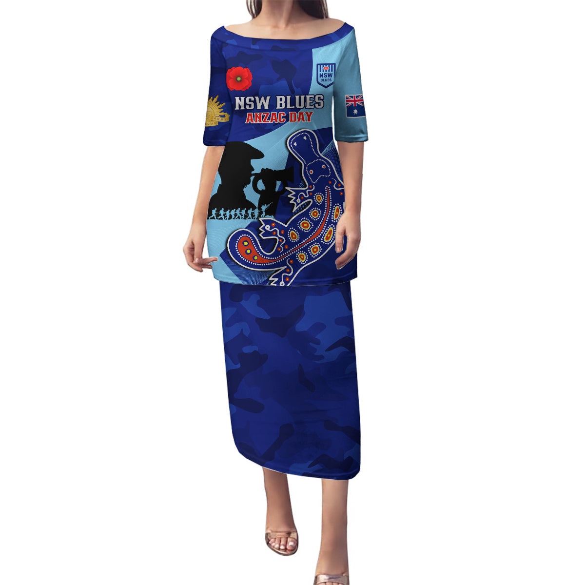 Custom NSW Blues ANZAC Day Family Matching Puletasi and Hawaiian Shirt Australian Platypus Mix Camouflage