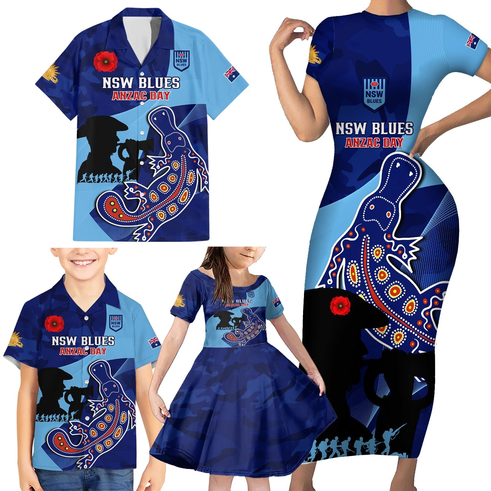Custom NSW Blues ANZAC Day Family Matching Short Sleeve Bodycon Dress and Hawaiian Shirt Australian Platypus Mix Camouflage