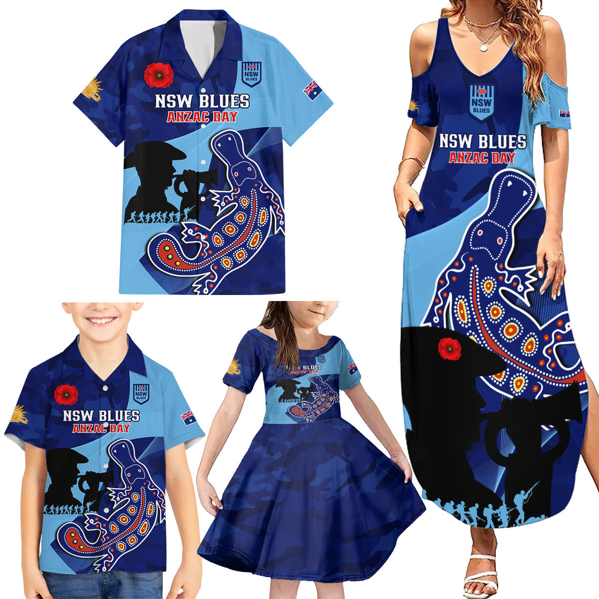 Custom NSW Blues ANZAC Day Family Matching Summer Maxi Dress and Hawaiian Shirt Australian Platypus Mix Camouflage