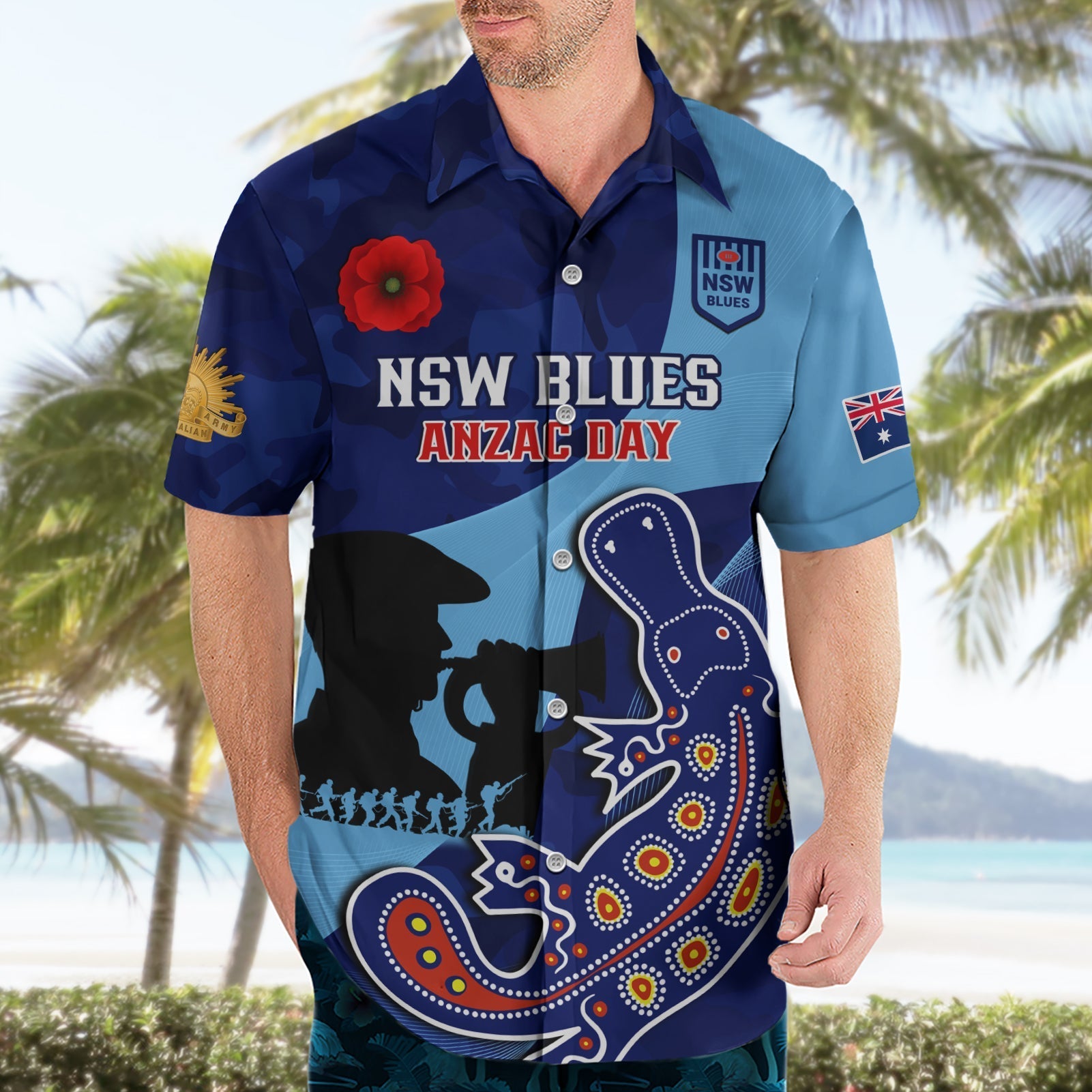 Custom NSW Blues ANZAC Day Hawaiian Shirt Australian Platypus Mix Camouflage - Vibe Hoodie Shop