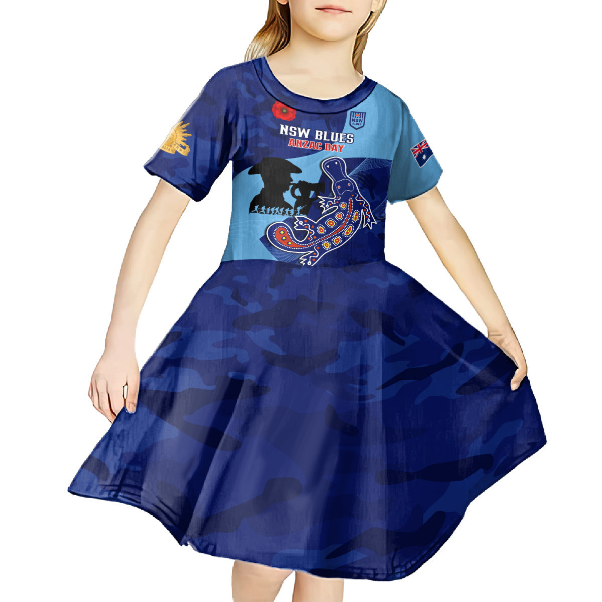 Custom NSW Blues ANZAC Day Kid Short Sleeve Dress Australian Platypus Mix Camouflage - Vibe Hoodie Shop