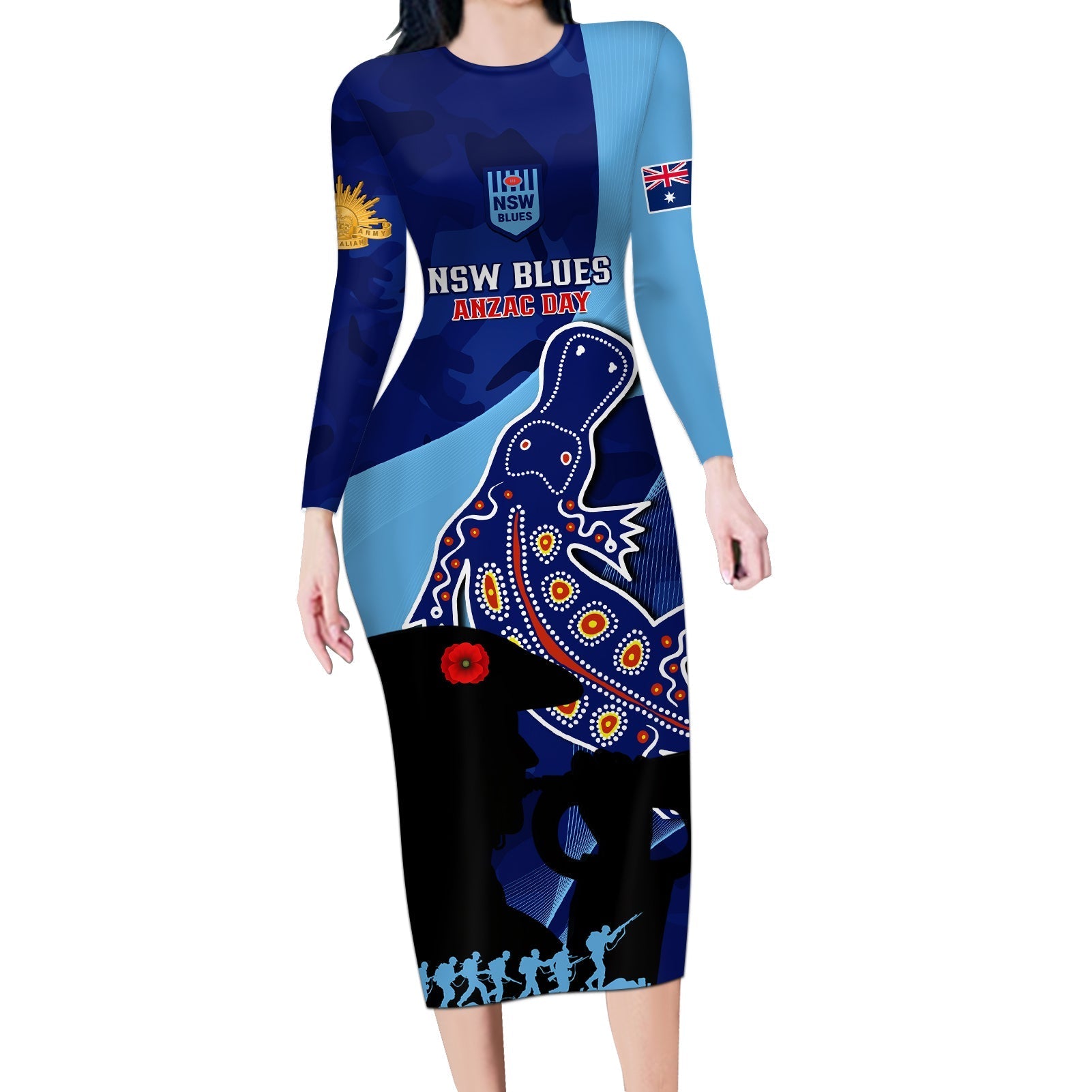 Custom NSW Blues ANZAC Day Long Sleeve Bodycon Dress Australian Platypus Mix Camouflage