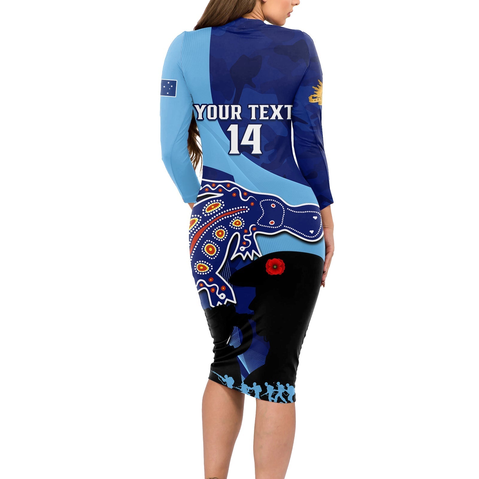 Custom NSW Blues ANZAC Day Long Sleeve Bodycon Dress Australian Platypus Mix Camouflage