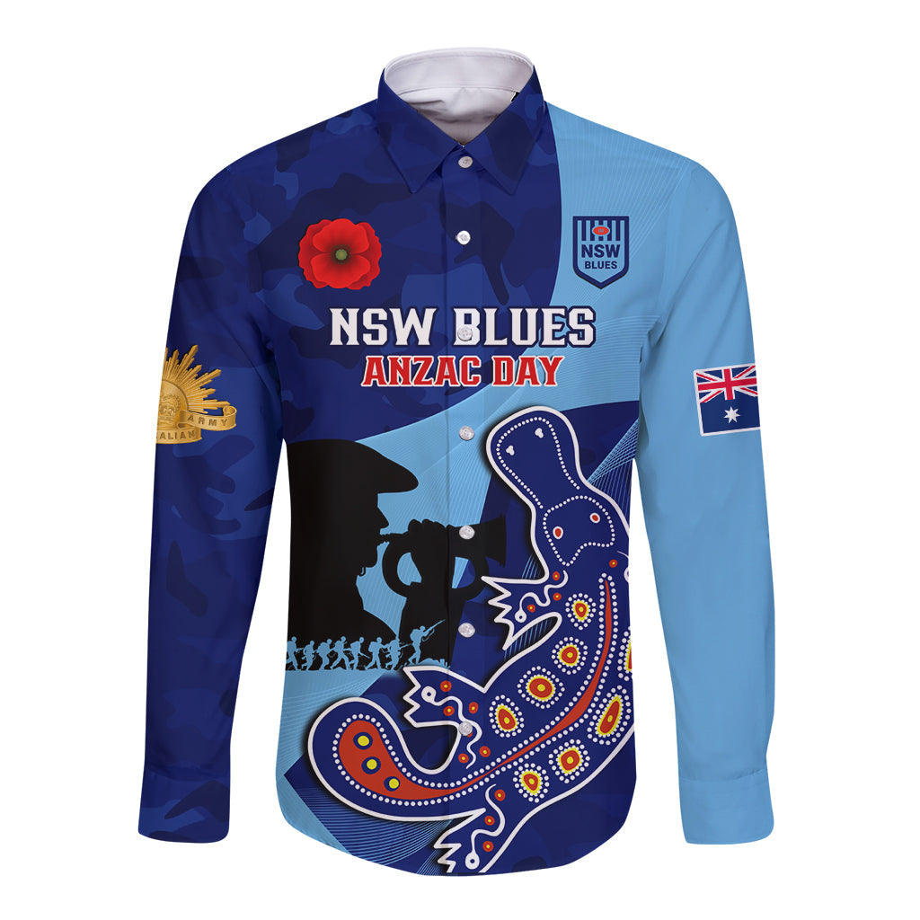 Custom NSW Blues ANZAC Day Long Sleeve Button Shirt Australian Platypus Mix Camouflage - Vibe Hoodie Shop