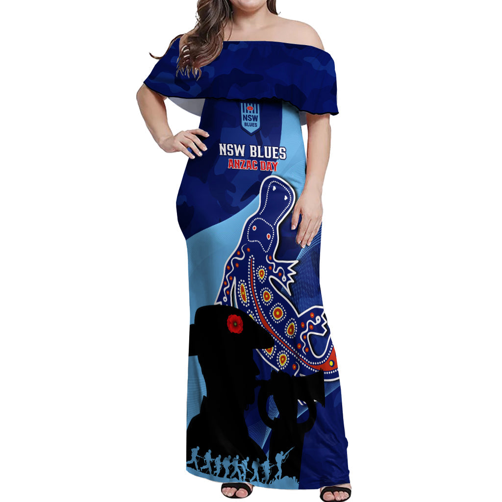 Custom NSW Blues ANZAC Day Off Shoulder Maxi Dress Australian Platypus Mix Camouflage