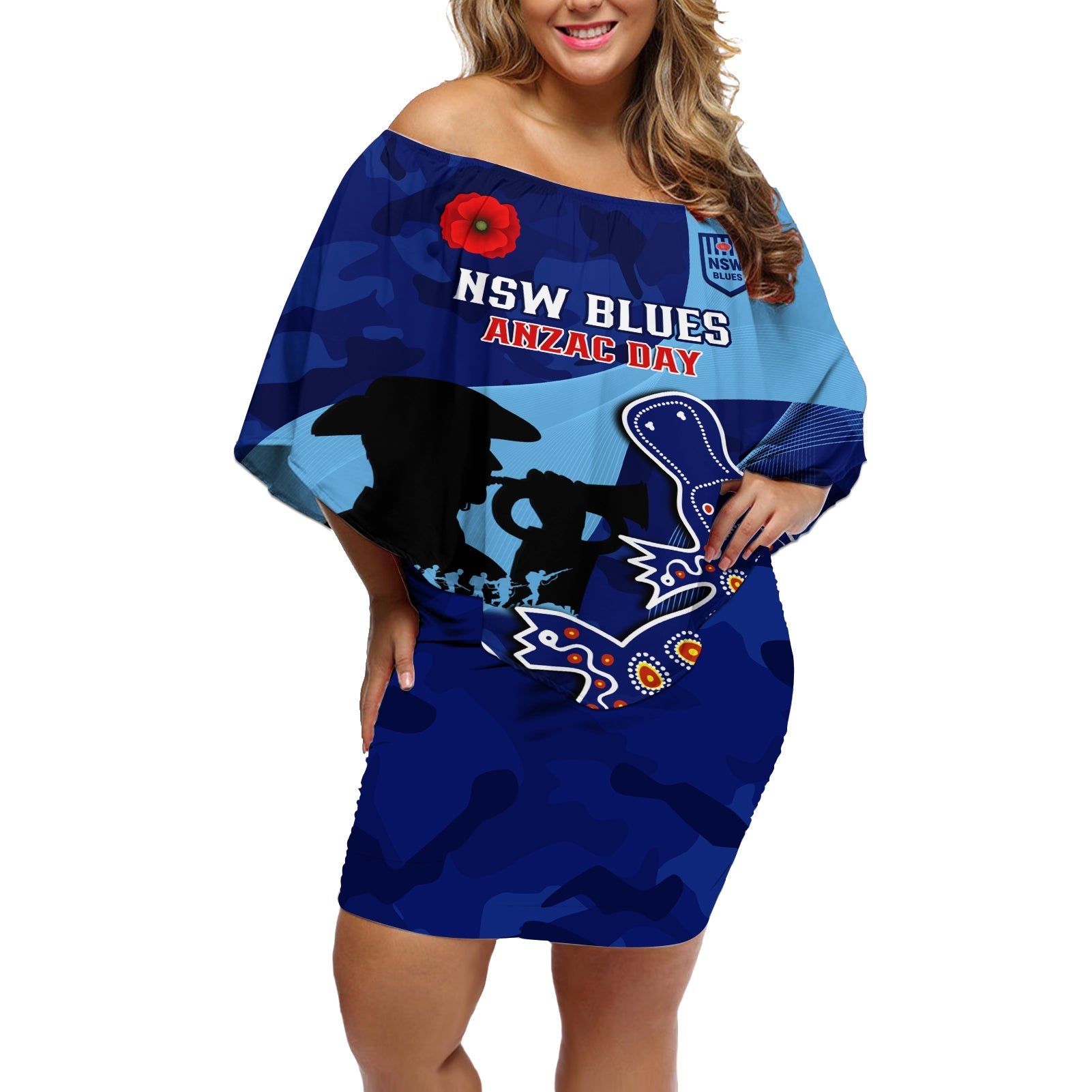 Custom NSW Blues ANZAC Day Off Shoulder Short Dress Australian Platypus Mix Camouflage
