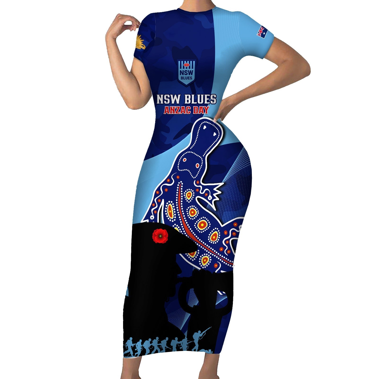 Custom NSW Blues ANZAC Day Short Sleeve Bodycon Dress Australian Platypus Mix Camouflage