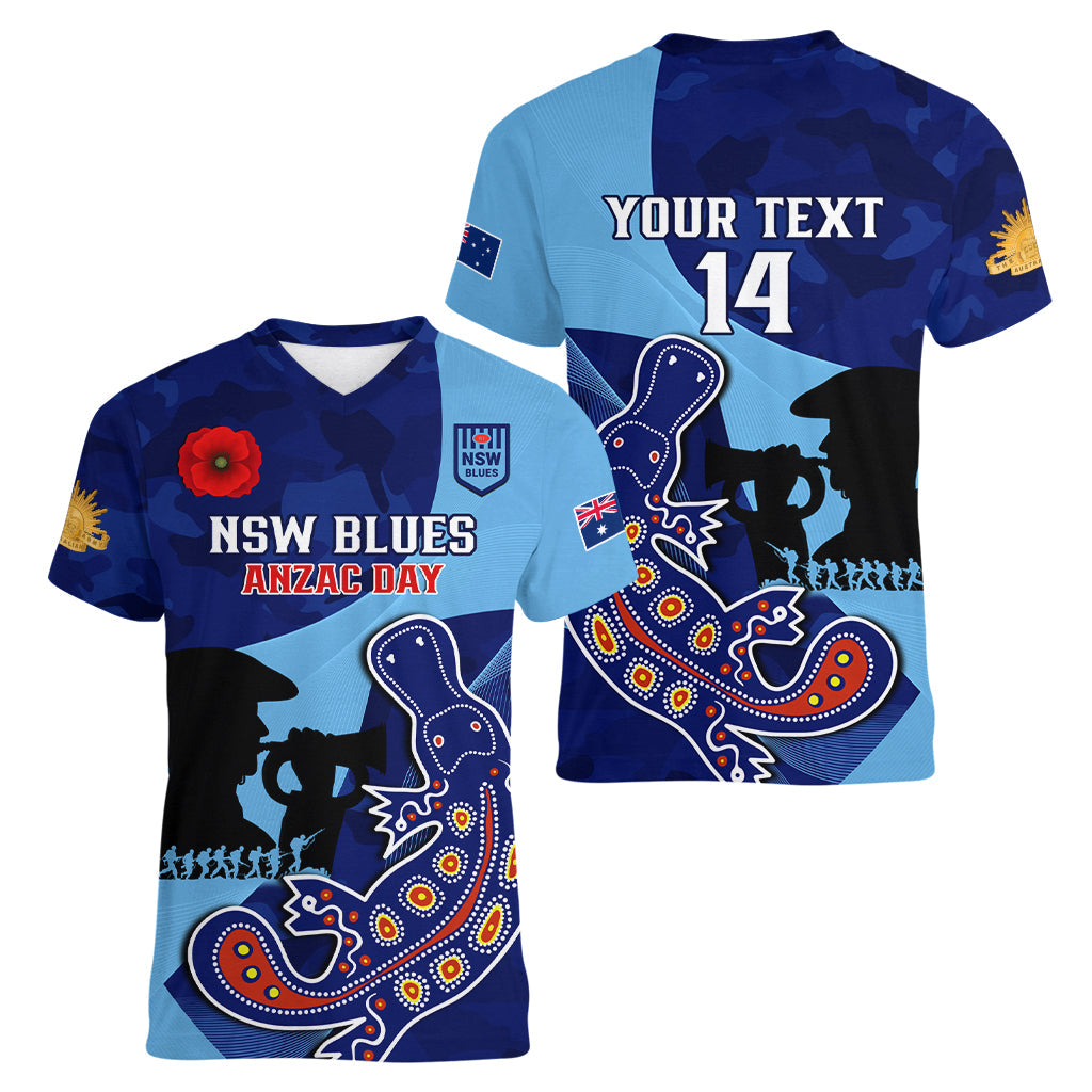 Custom NSW Blues ANZAC Day Women V Neck T Shirt Australian Platypus Mix Camouflage - Vibe Hoodie Shop