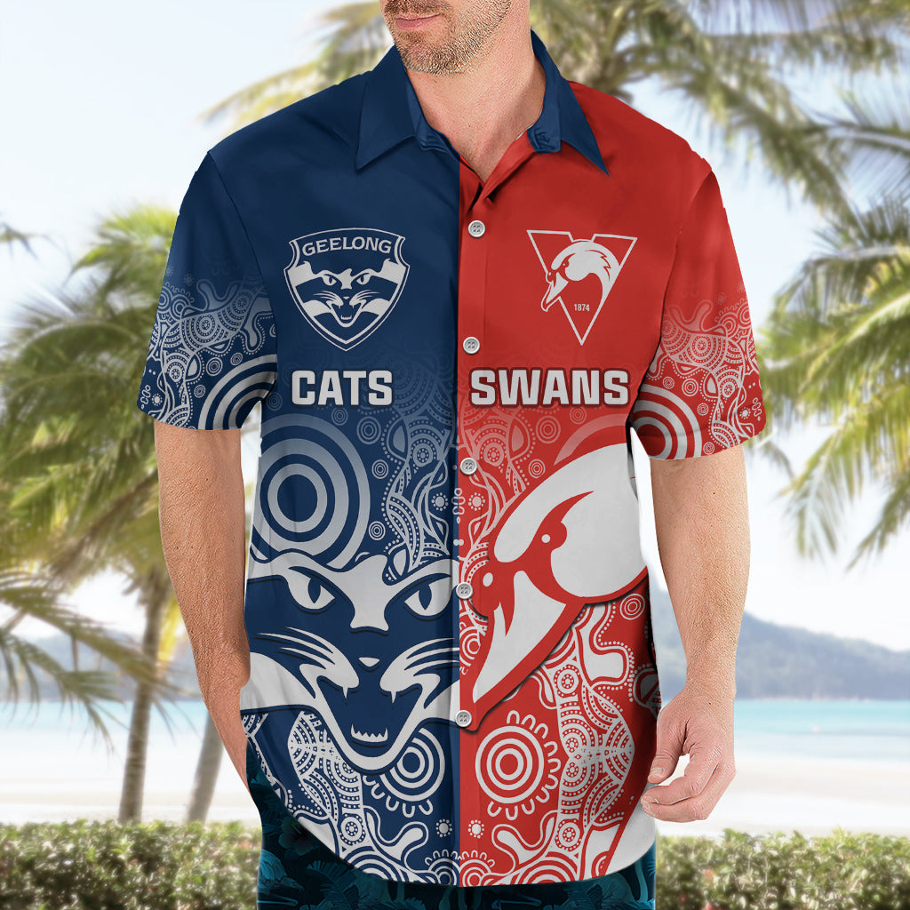 Personalised Swans And Cats Football Hawaiian Shirt Sydney Mix Geelong Indigenous - Vibe Hoodie Shop