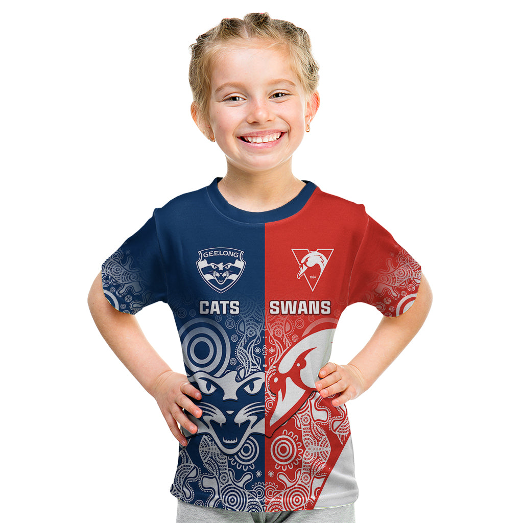 Personalised Swans And Cats Football Kid T Shirt Sydney Mix Geelong Indigenous - Vibe Hoodie Shop