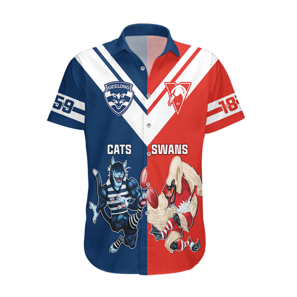 Personalised Swans And Cats Football Hawaiian Shirt Sydney Mix Geelong Sporty Version - Vibe Hoodie Shop
