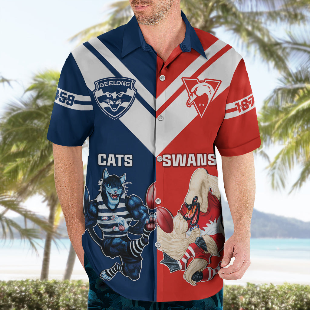 Personalised Swans And Cats Football Hawaiian Shirt Sydney Mix Geelong Sporty Version - Vibe Hoodie Shop