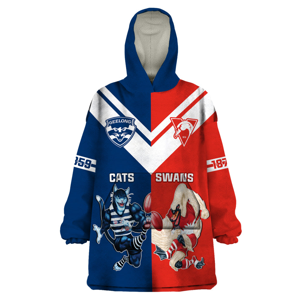 Personalised Swans And Cats Football Wearable Blanket Hoodie Sydney Mix Geelong Sporty Version - Vibe Hoodie Shop