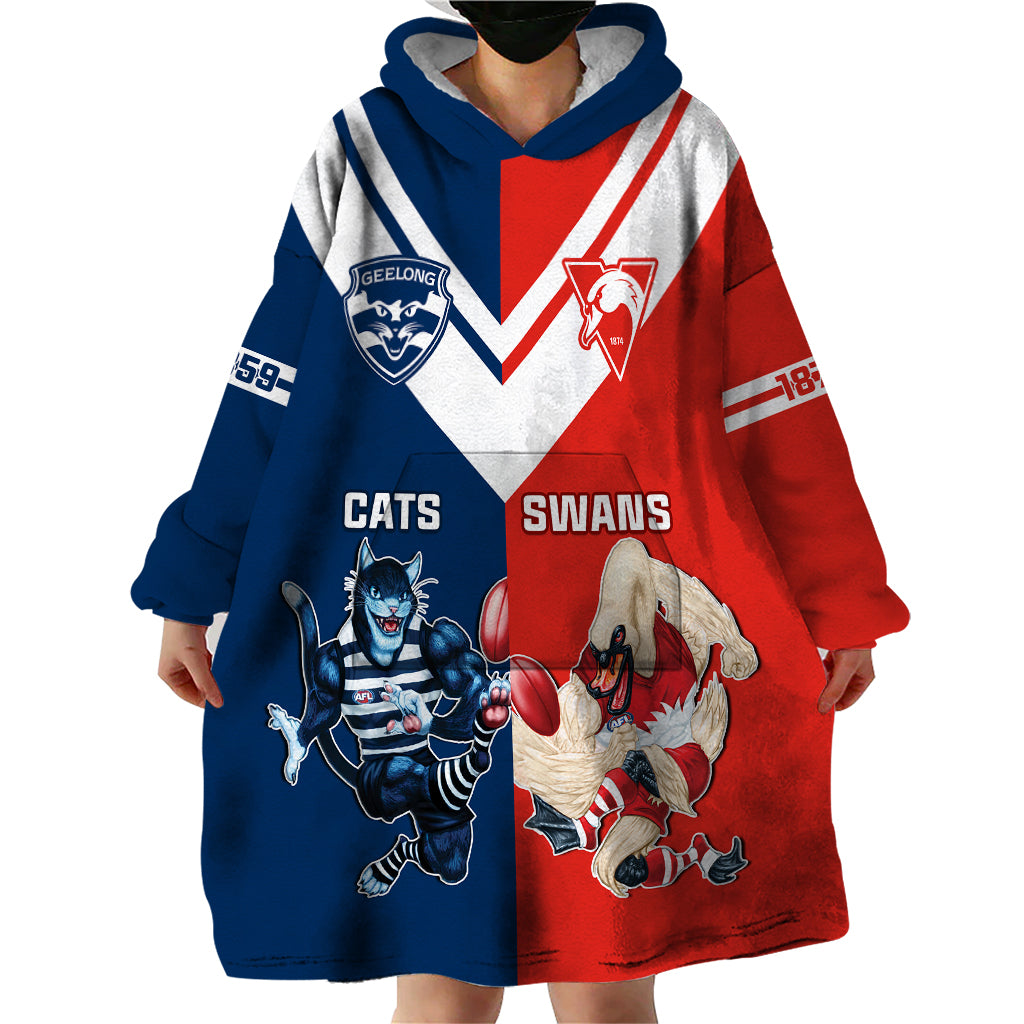 Personalised Swans And Cats Football Wearable Blanket Hoodie Sydney Mix Geelong Sporty Version - Vibe Hoodie Shop