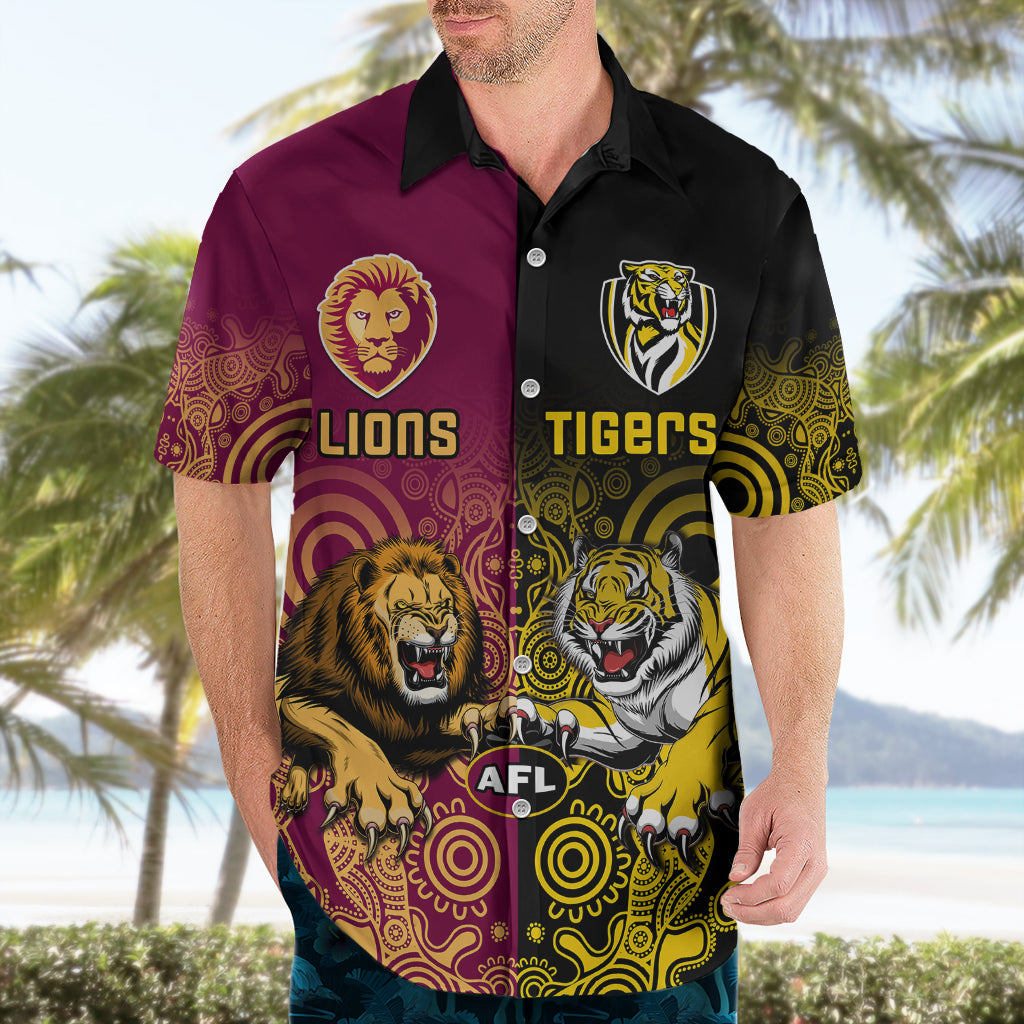 Personalised Richmond And Brisbane Lions Football Hawaiian Shirt Indigenous Art Version - Vibe Hoodie Shop