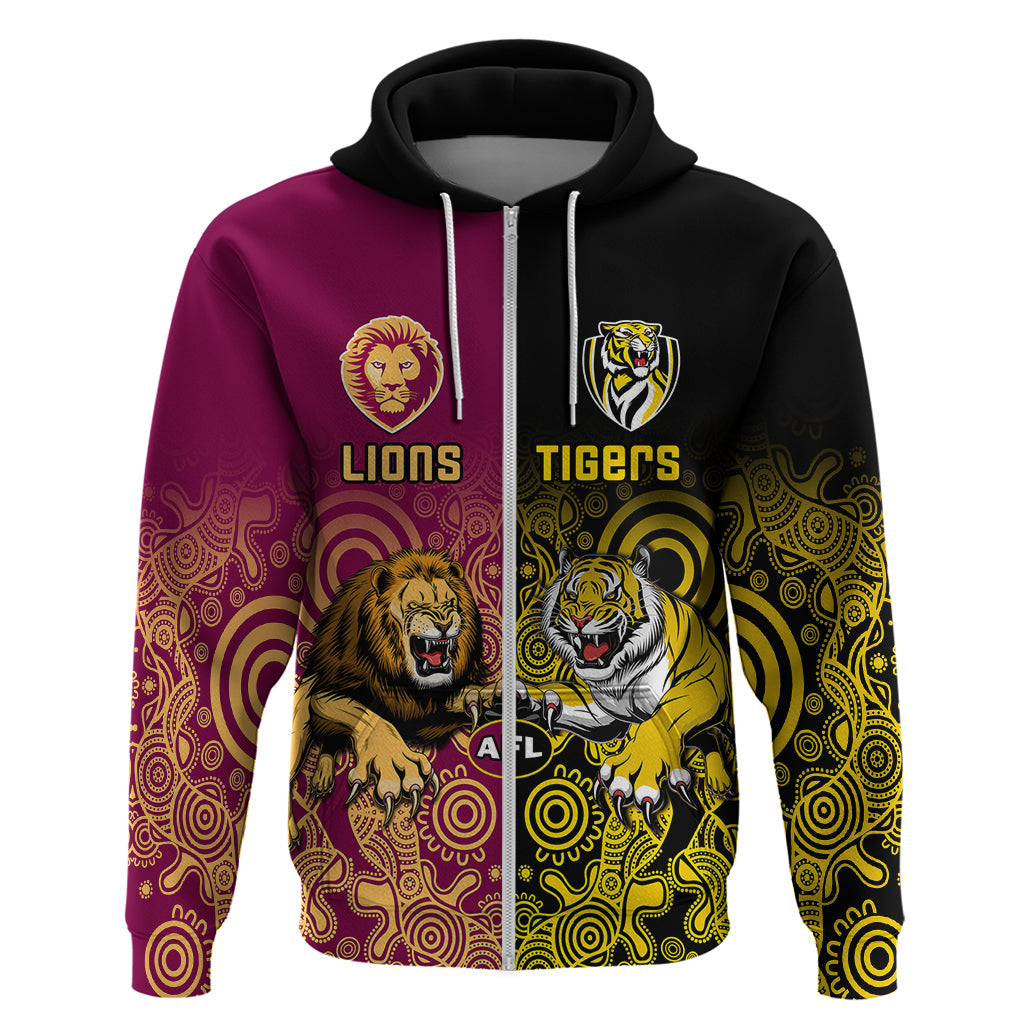 Personalised Richmond And Brisbane Lions Football Hoodie Indigenous Art Version - Vibe Hoodie Shop