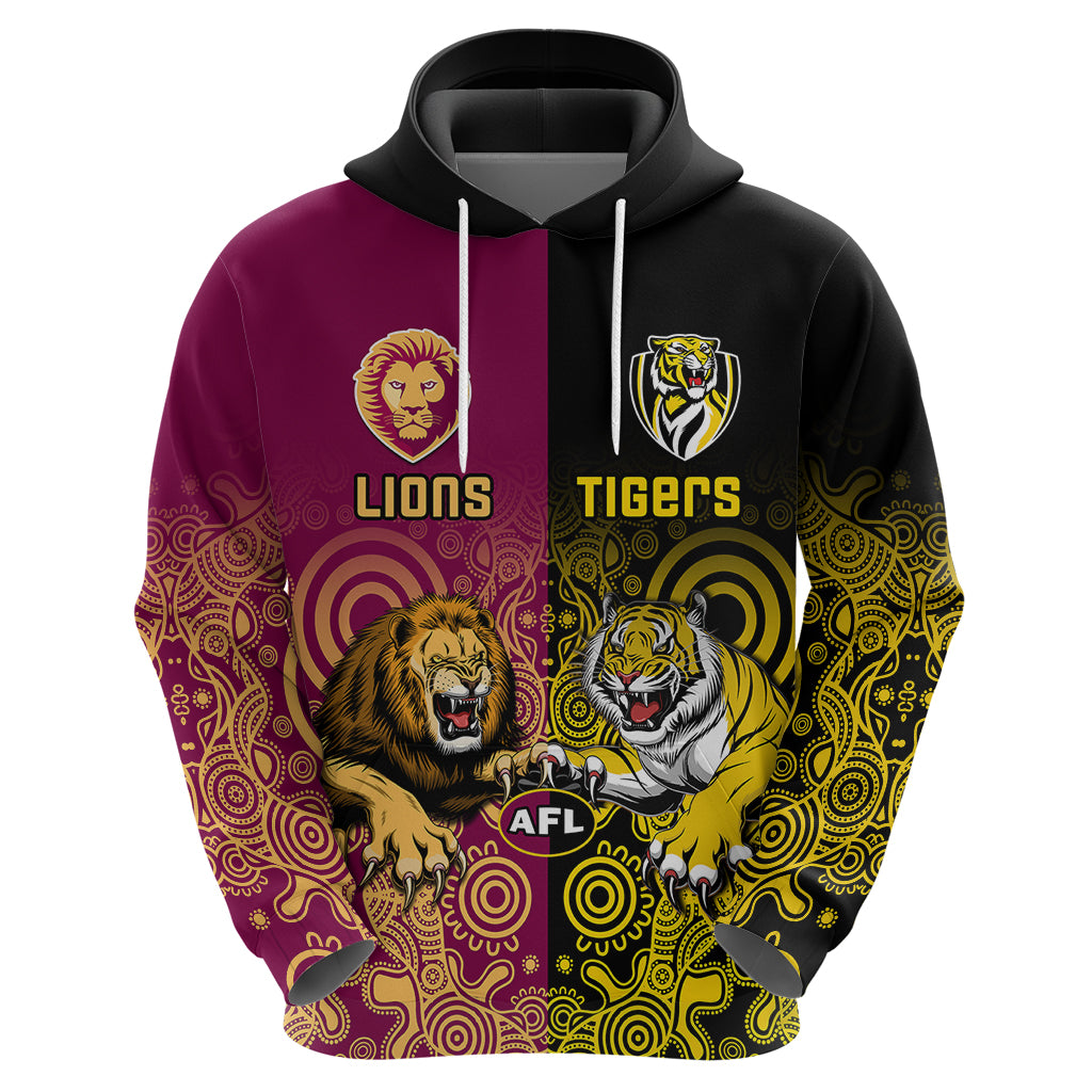 Personalised Richmond And Brisbane Lions Football Hoodie Indigenous Art Version - Vibe Hoodie Shop