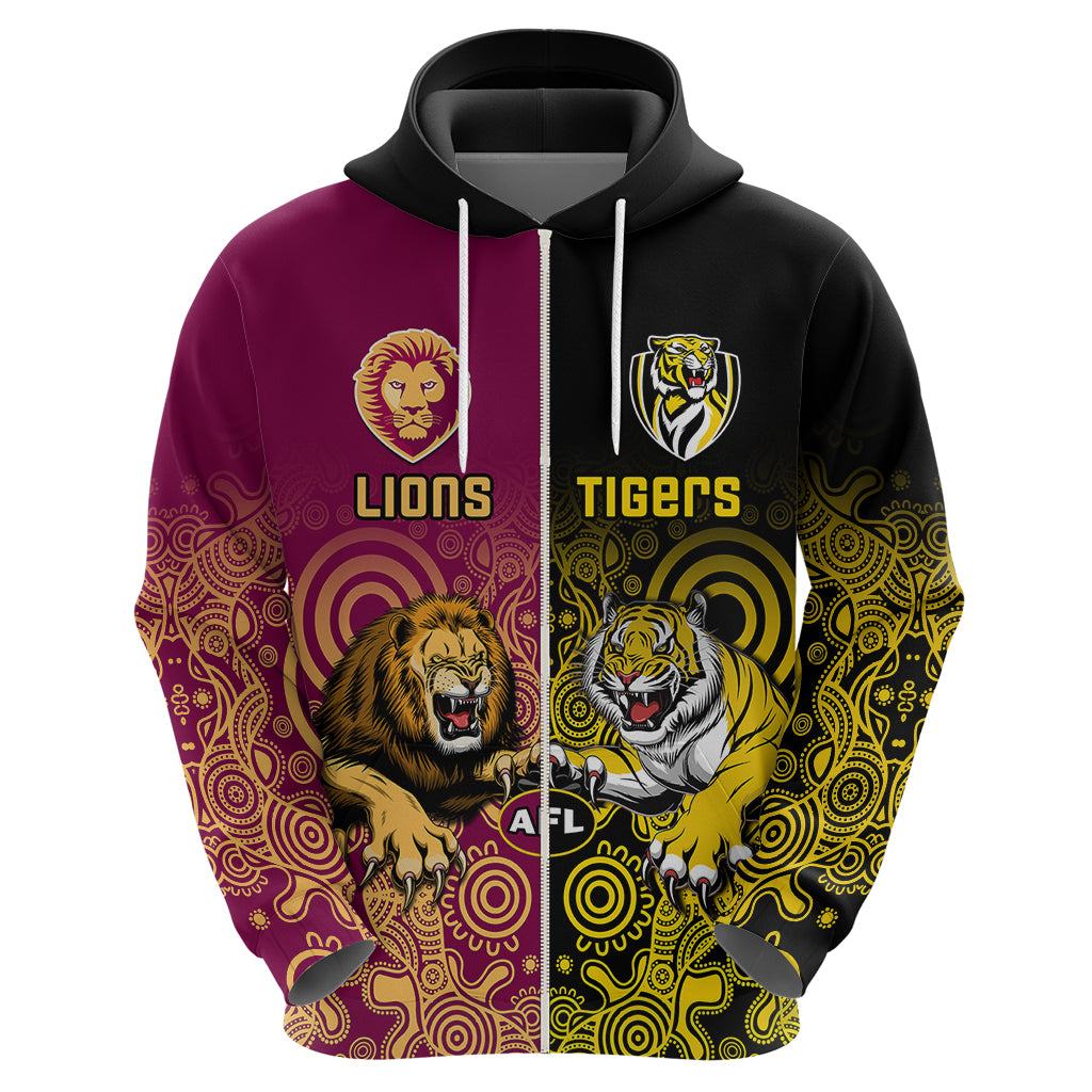 Personalised Richmond And Brisbane Lions Football Hoodie Indigenous Art Version - Vibe Hoodie Shop