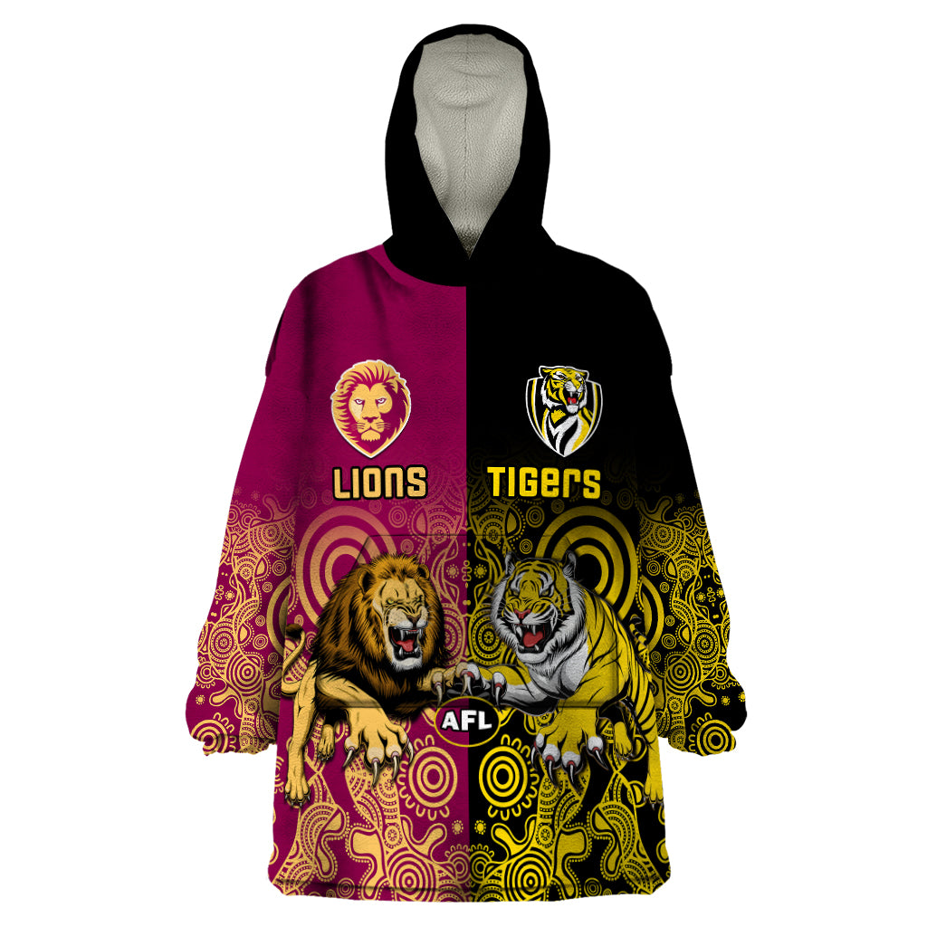 Personalised Richmond And Brisbane Lions Football Wearable Blanket Hoodie Indigenous Art Version - Vibe Hoodie Shop