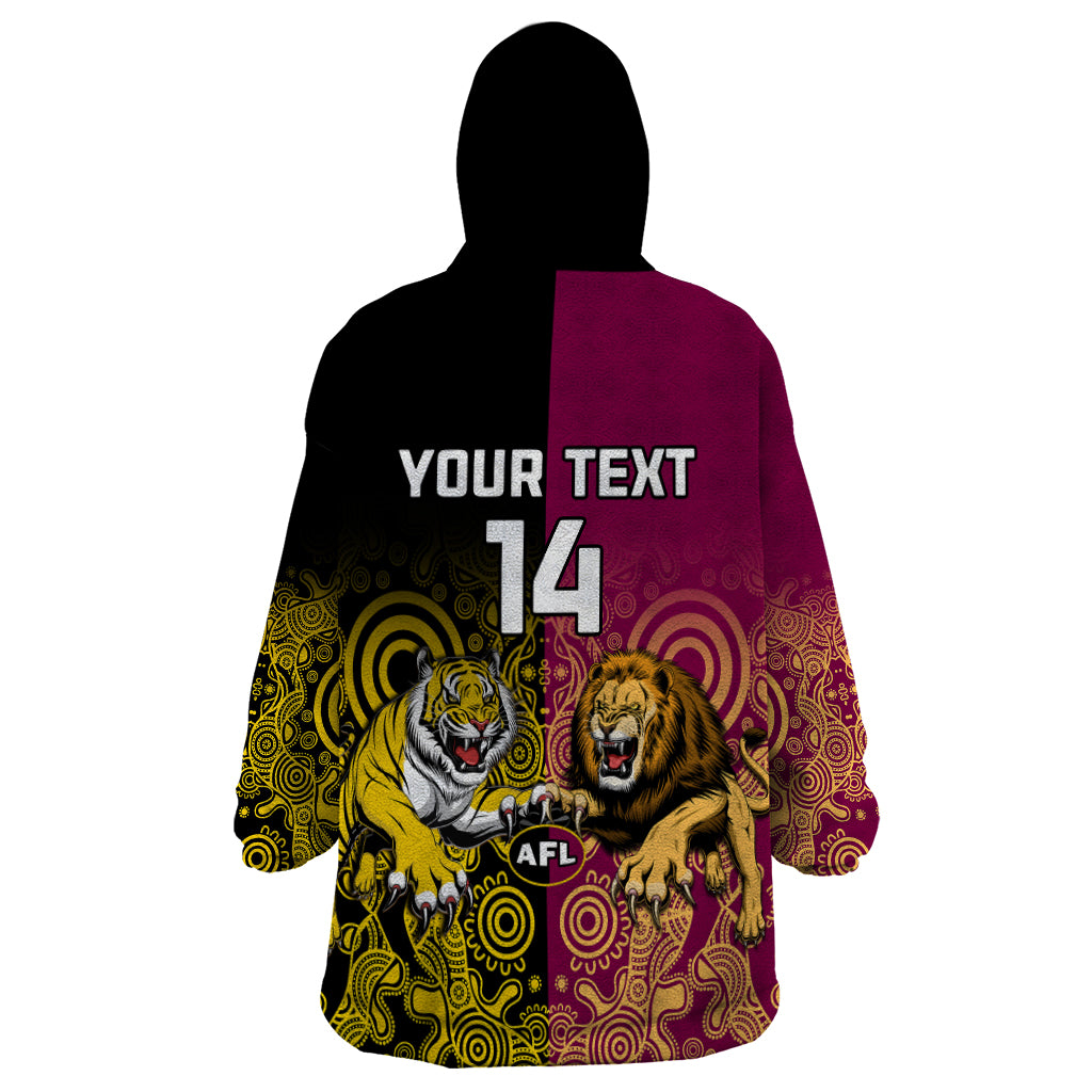 Personalised Richmond And Brisbane Lions Football Wearable Blanket Hoodie Indigenous Art Version - Vibe Hoodie Shop