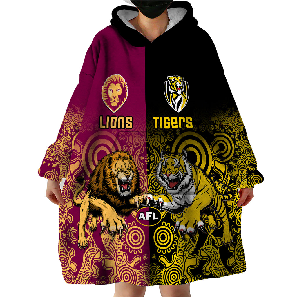 Personalised Richmond And Brisbane Lions Football Wearable Blanket Hoodie Indigenous Art Version - Vibe Hoodie Shop