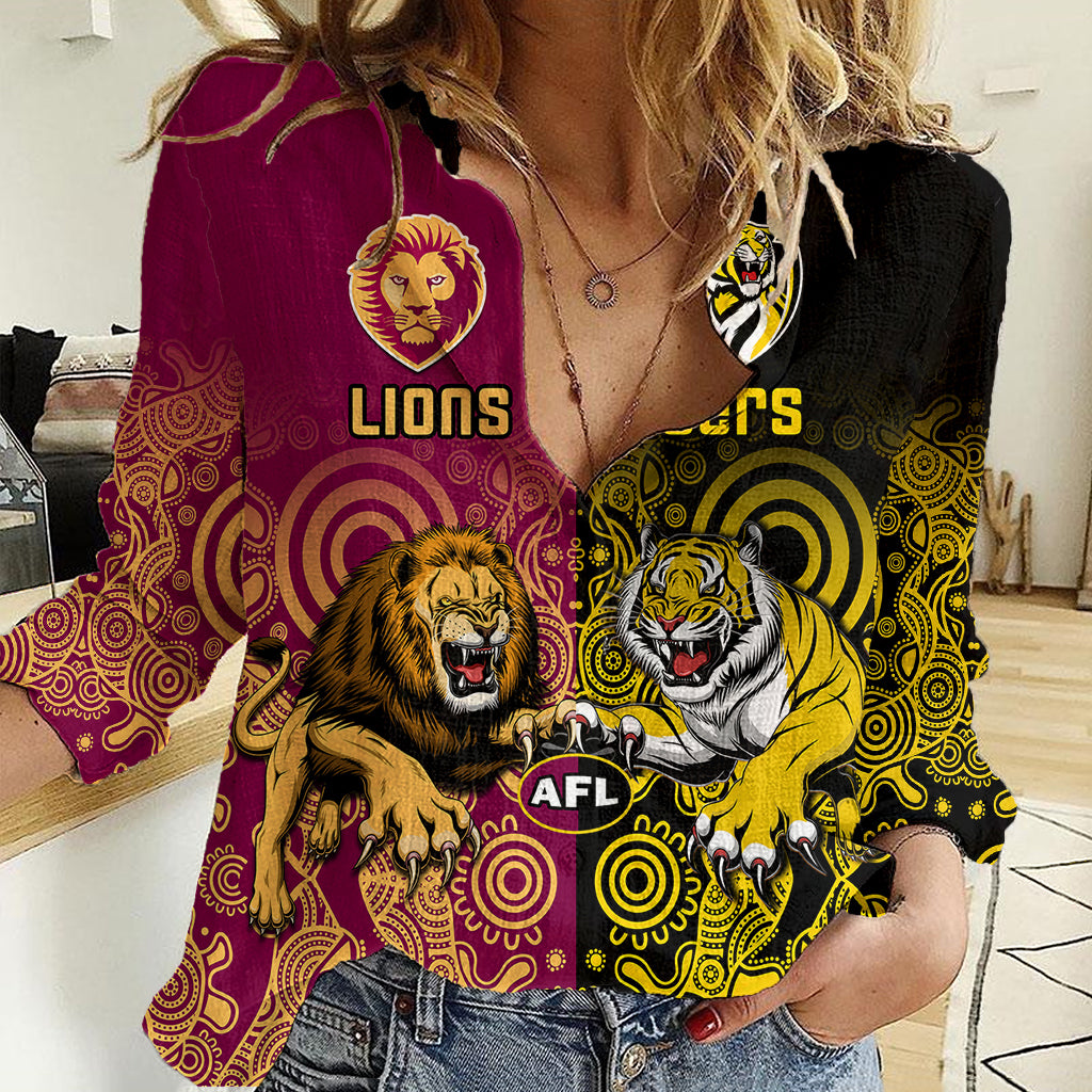 Personalised Richmond And Brisbane Lions Football Women Casual Shirt Indigenous Art Version - Vibe Hoodie Shop