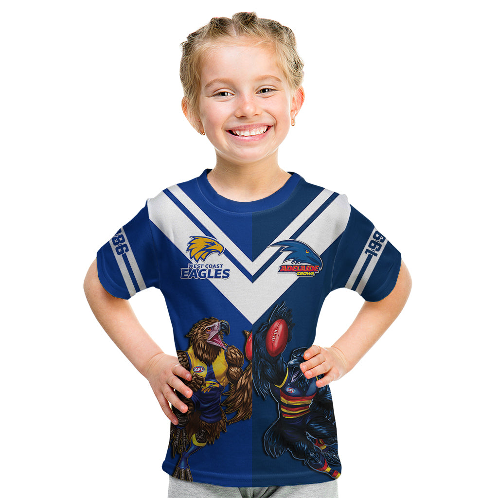 Personalised Eagles And Crows Football Kid T Shirt West Coast Mix Adelaide Sporty Version - Vibe Hoodie Shop